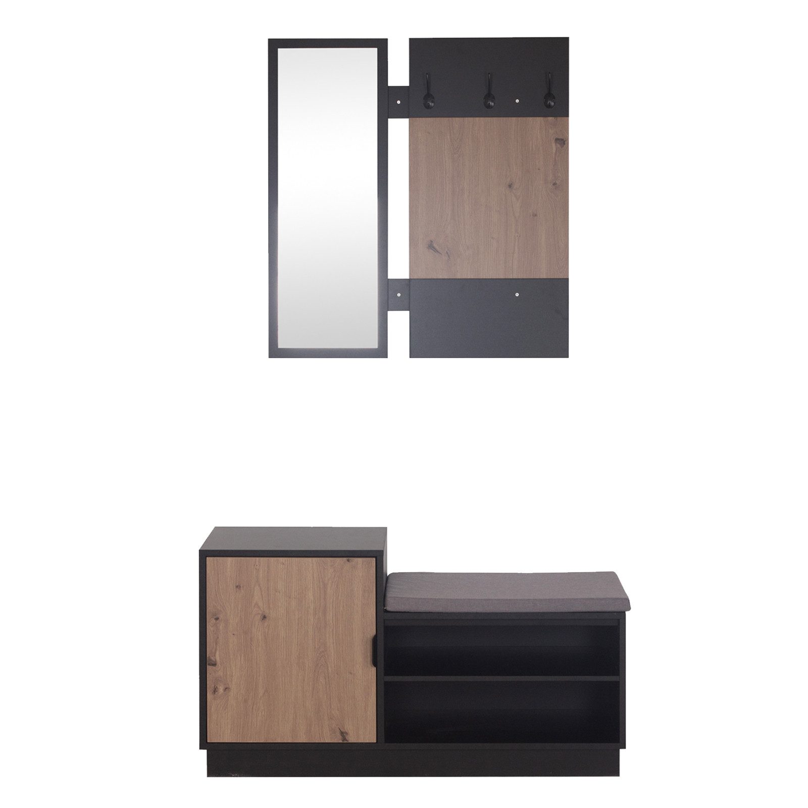 HTI-Living Garderoben-Set Dana mit Schuhbank Schwarz, (Set, 2-St., 1 Garderobenpaneel mit Spiegel, 1 Schuhbank), Garderobenpaneel Spiegel Schuhregal mit Sitzkissen
