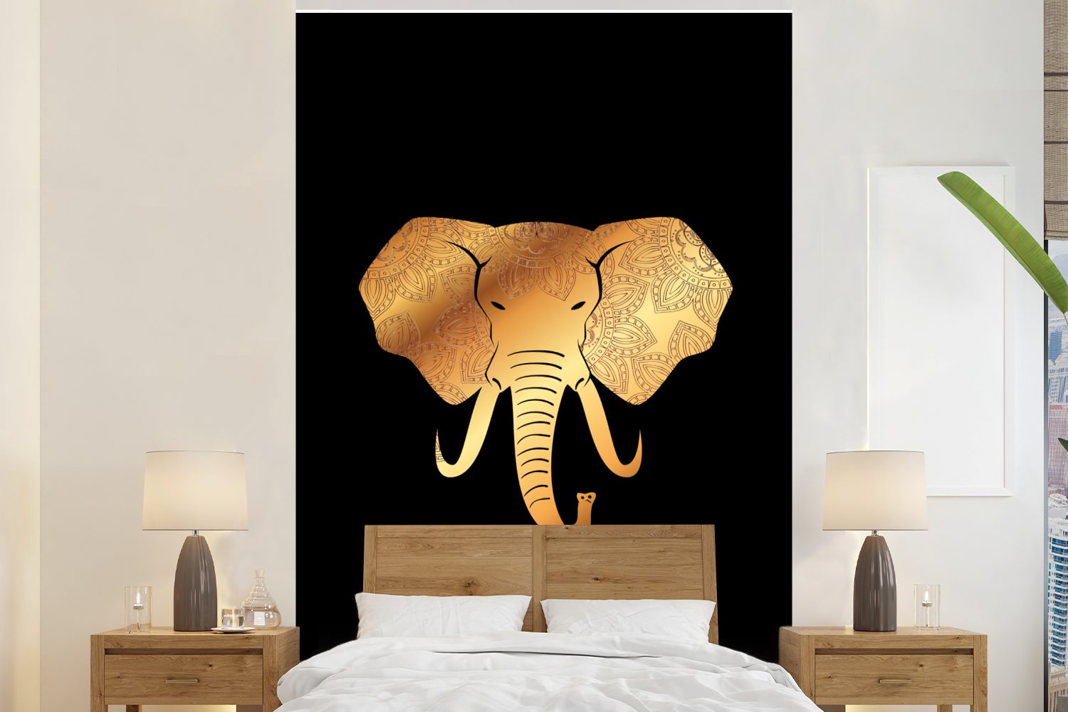 MuchoWow Fototapete Elefant - Gold - Muster, Matt, bedruckt, (3 St), Montagefertig Vinyl Tapete für Wohnzimmer, Wandtapete