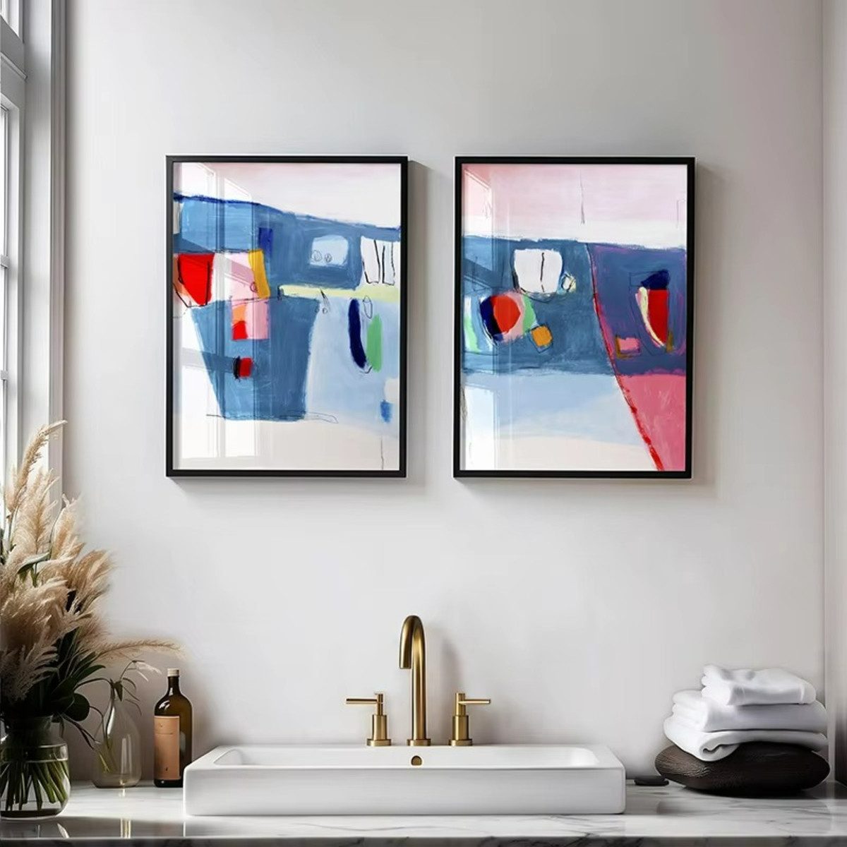 TPFLiving Kunstdruck (OHNE RAHMEN) Poster - Leinwand - Wandbild, Mid Century Modern in Blau und Pink Akzent Abstrakte Leinwand (Leinwandbild XXL), Farben: Blau, Rosa, Rot, Gelb, Grün, Weiß -Größe: 20x30cm