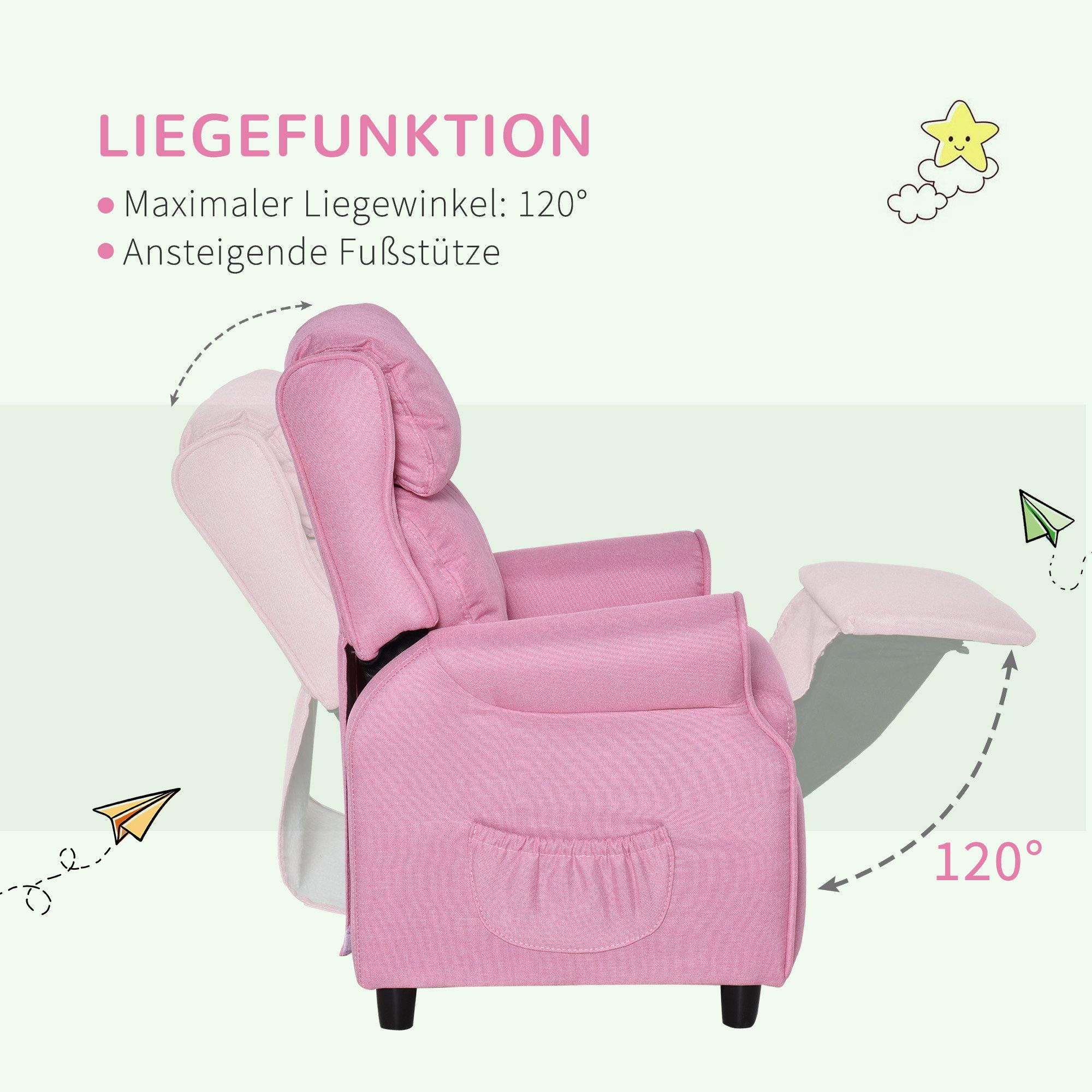 HOMCOM Sessel Kindersofa mit Fußstütze verstellbare Rückenlehne Stuhl (Kindercouch, 1-St., Kindersessel), Rosa 58 x 53 x 70 cm – Bild 5 von 5