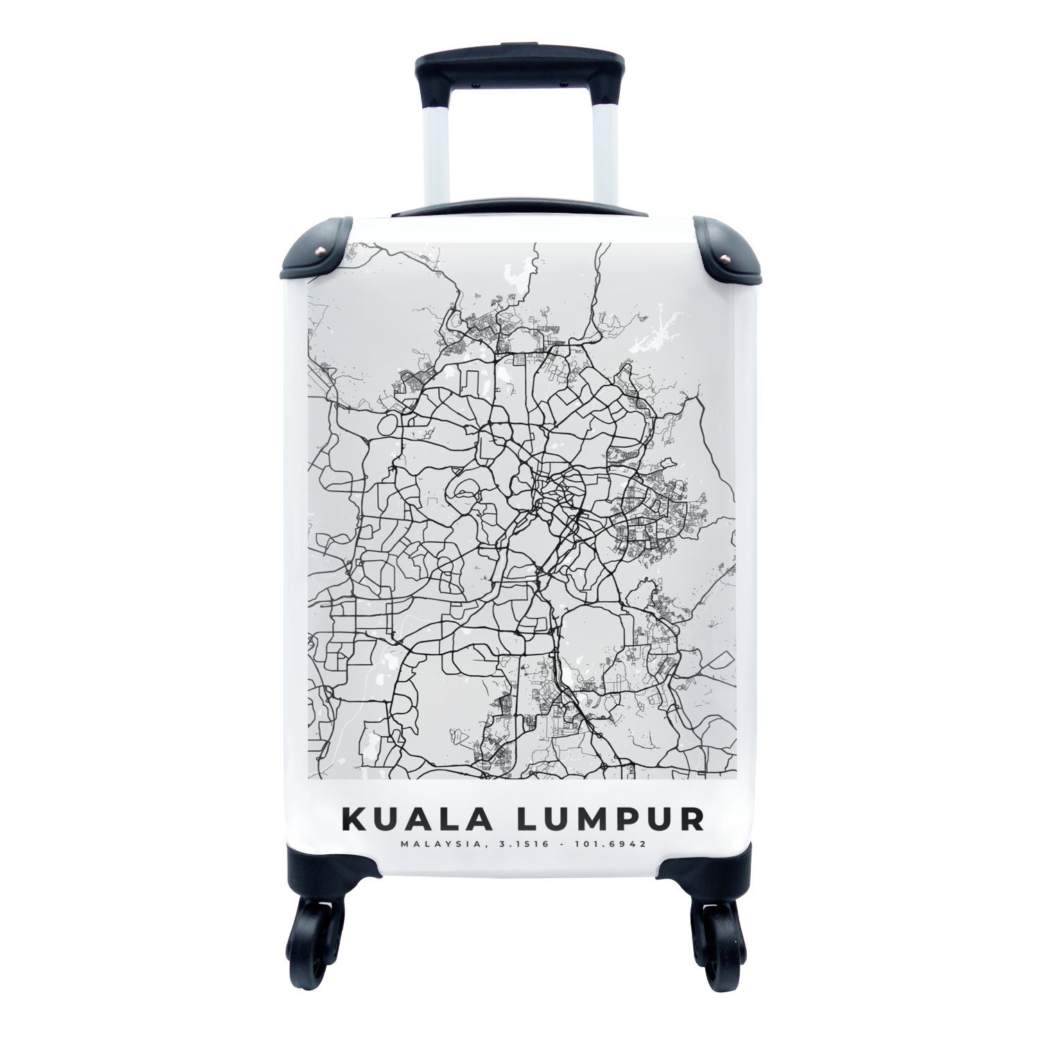 MuchoWow Handgepäckkoffer Kuala Lumpur - Stadtplan - Schwarz und weiß - Karte, 4 Rollen, Reisetasche mit rollen, Handgepäck für Ferien, Trolley, Reisekoffer