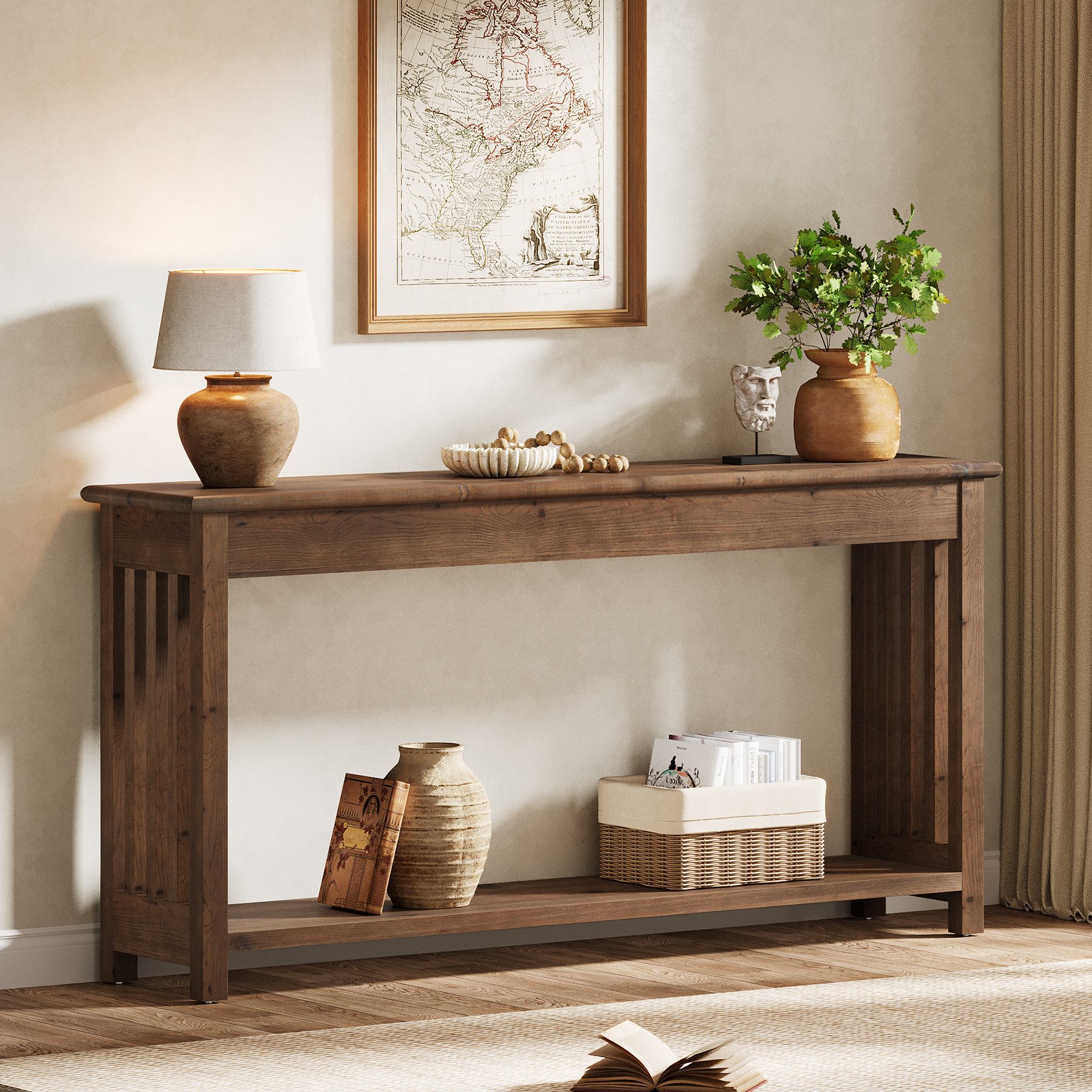 Tribesigns Konsolentisch 160 cm Konsolentisch aus Massivholz mit 2-stufigem Stauraum, Flurtisch