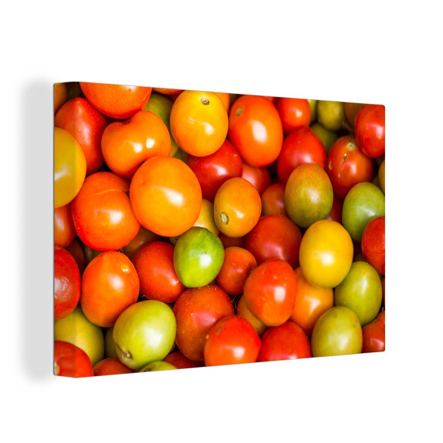 OneMillionCanvasses® Leinwandbild Ein Bündel kleiner Tomaten in verschiedenen Farben, (1 St), Wandbild Leinwandbilder, Aufhängefertig, Wanddeko, 30x20 cm