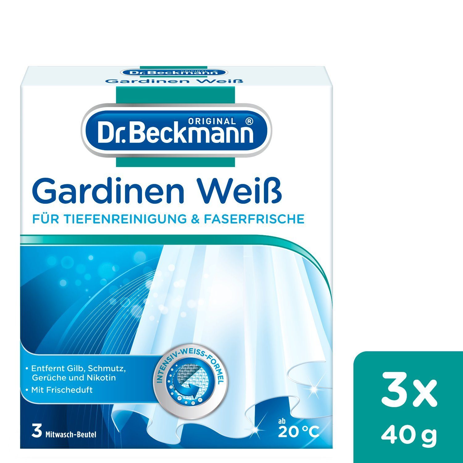 Dr. Beckmann Gardinen Weiß, Gardinenweiß für strahlende Vorhänge, 3x 40g Spezialwaschmittel (1-St) | Waschmittel