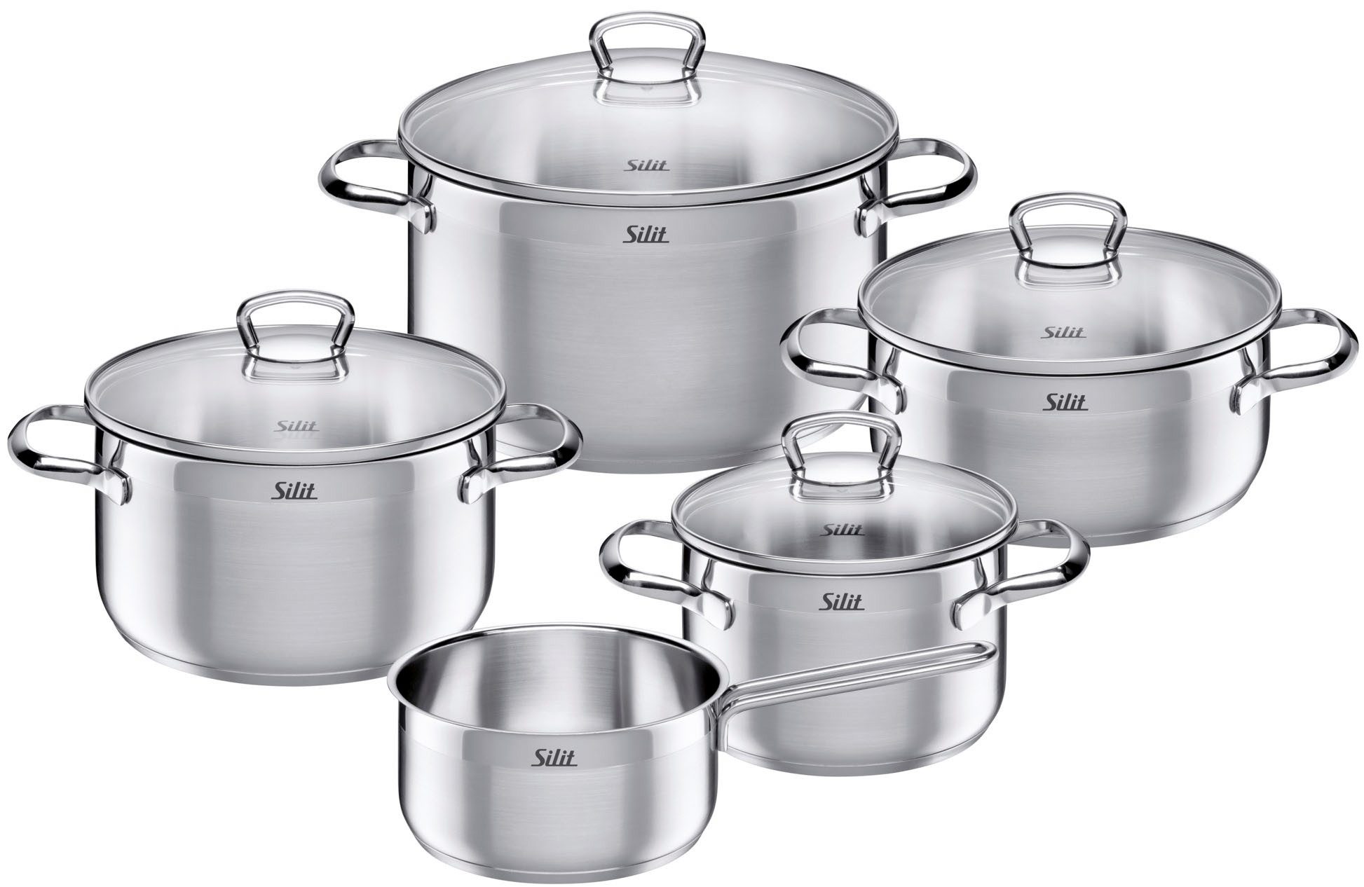 Silit Topf-Set Toskana, teilmattiert, Induktions Töpfe Set unbeschichtet, Edelstahl 18/10 (Set, 9-tlg., Bratentopf Ø 20 cm, Fleischtopf Ø 16/20/24 cm, Stielkasserolle Ø 16 cm), mit Glasdeckel, für alle Herdarten geeignet, ohne Innenskalierung