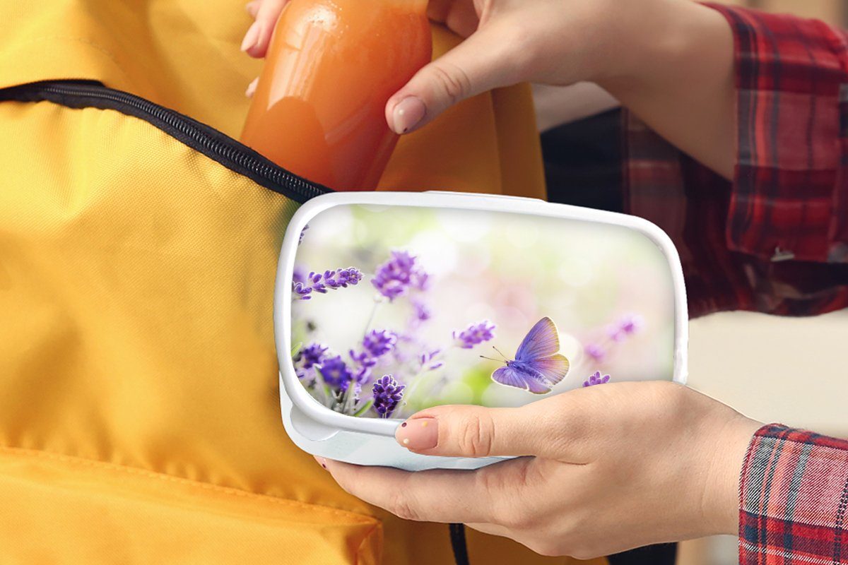 Kunststoff, Jungs (2-tlg), weiß Kinder Lavendel Blumen, Lunchbox MuchoWow Schmetterling und für Brotbox - - und Mädchen Erwachsene, Brotdose, für
