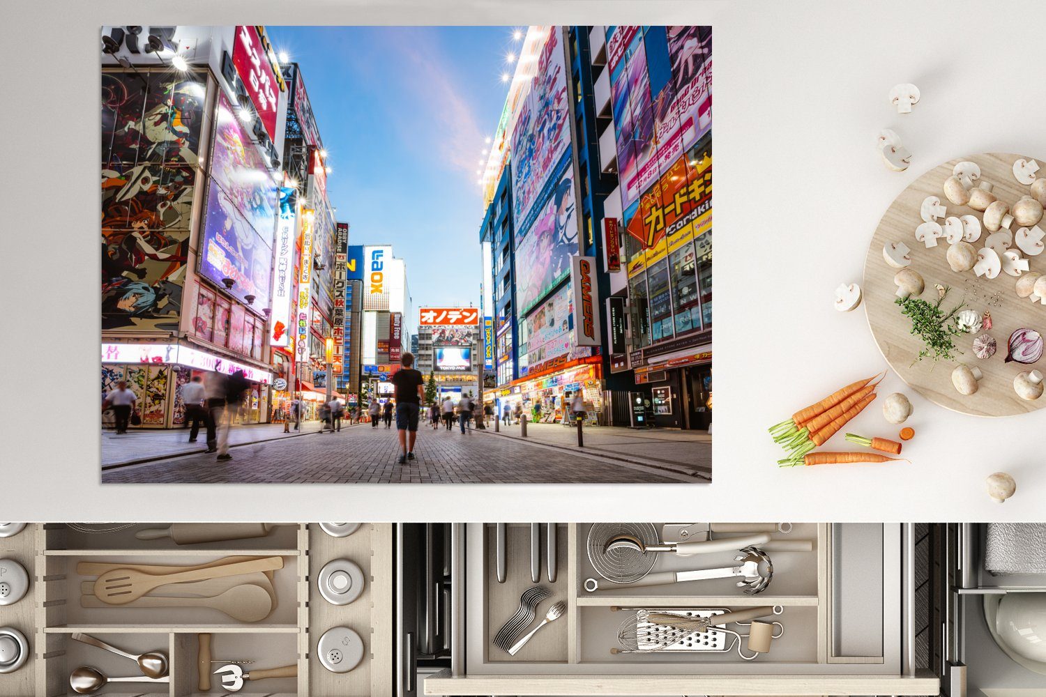 Tokio (1 das durch 70x52 Menschen laufen Ceranfeldabdeckung Herdblende-/Abdeckplatte von Japan, in tlg), Elektronikviertel Arbeitsfläche cm, MuchoWow Mobile nutzbar, Vinyl,