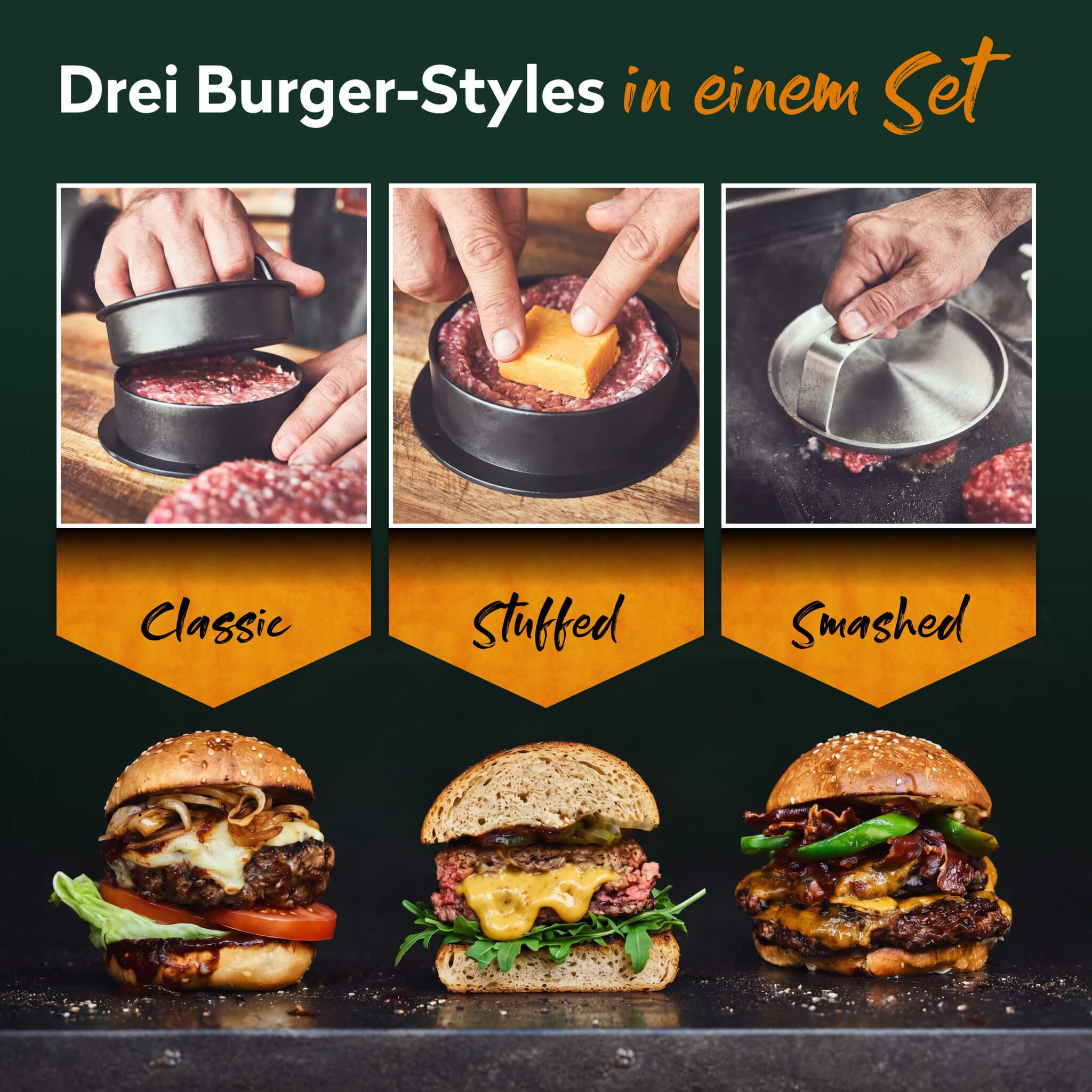 BURNHARD® Burgerpresse Ultimatives Burger-Set 6 tlg. (6 St), Wender, Smasher, 2 Melting Domes & Rezeptheft, Geschenk für Männer – Bild 2 von 5