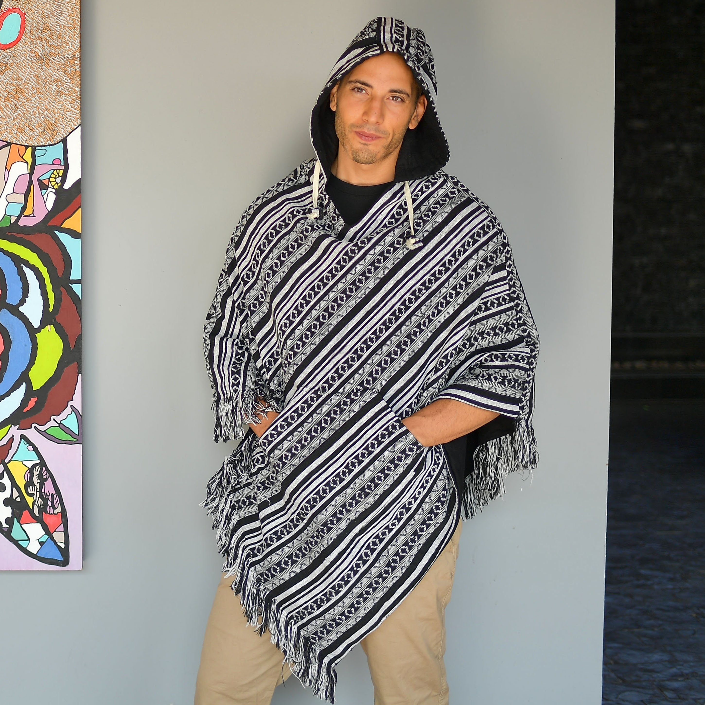 virblatt Poncho Poncho Herren, Baumwolle, Poncho Winter Mexiko Herren Poncho mit Kapuze, Unisex, zum Wenden, gesticketes Mandala