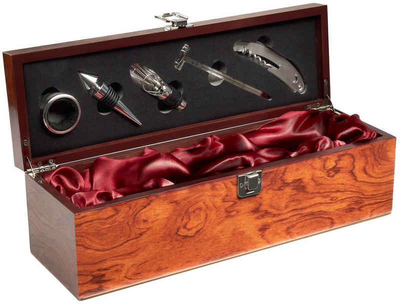 BRUBAKER Sommelier-Set 6-in-1 Barzubehör Kit mit Weinkiste - Edelholz Optik, (Wein Geschenkset, 1 tlg., Ausgießer + Flaschenstopfen + Weinthermometer + Tropfring), Sommelier Dekantier Set aus Edelstahl