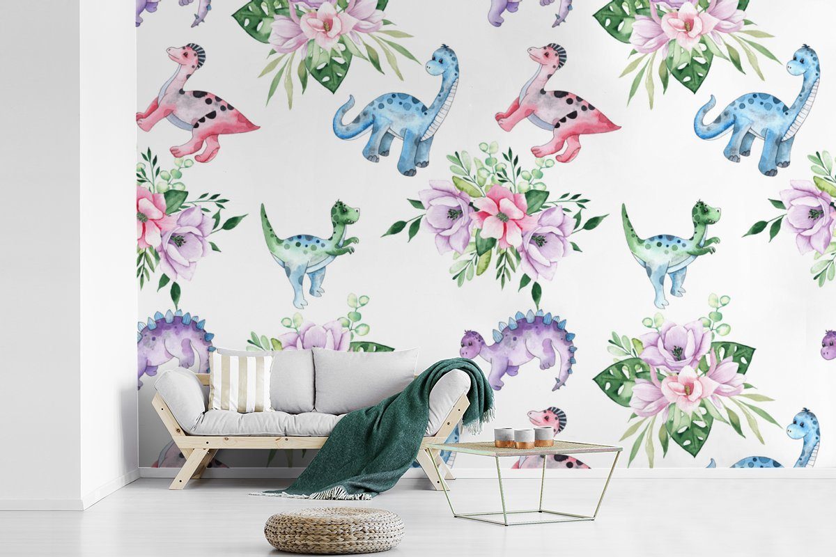 MuchoWow Fototapete Dinosaurier - Kinderzimmer Rosa Kind, Schlafzimmer, Vinyl Blumen bedruckt, für Tapete - (6 Kinder Kinderzimmer, - St), Wohnzimmer, - Mädchen Wallpaper - Matt, 