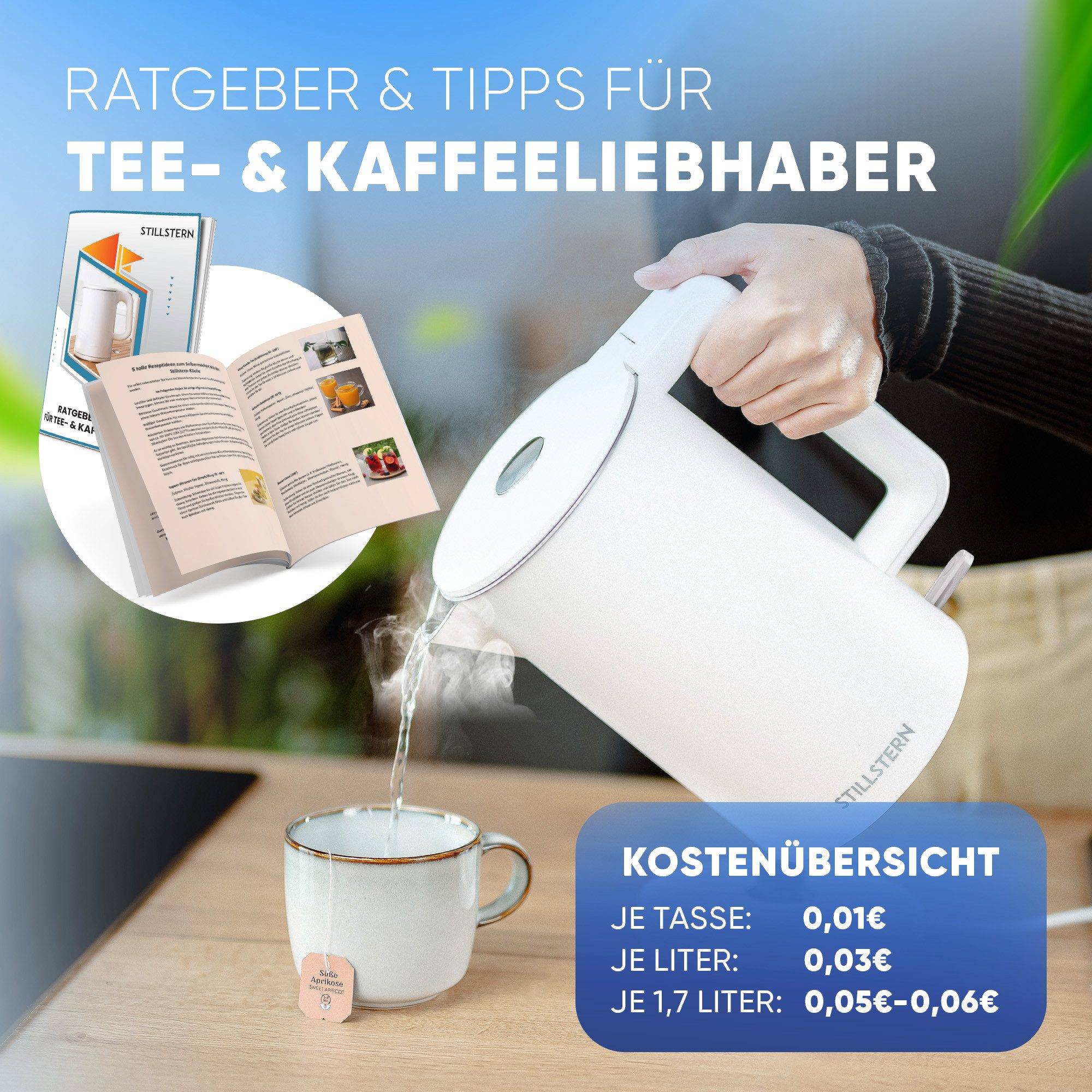 Stillstern Wasserkocher Wasserkocher 1,7L, schnelles Aufkochen, doppelwandig, 1.7 l, 2200 W, Anti Fingerprint, 2200W, Leise
