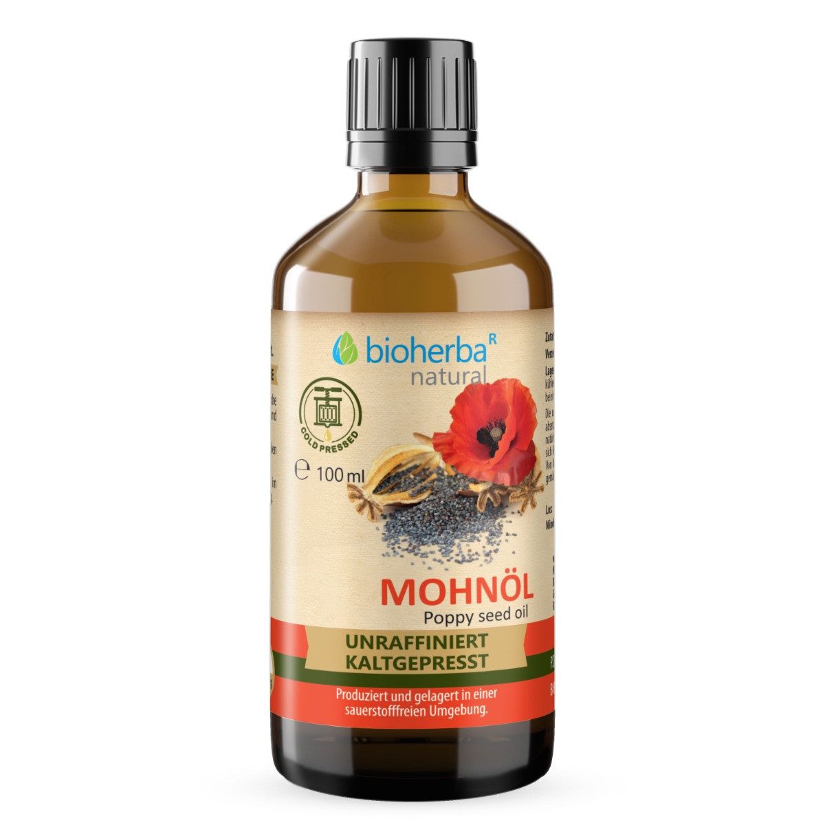 BIOHERBA R Mohnöl kaltgepresst – Natürliches Mohnsamenöl 100 ml Nahrungsergänzungsmittel