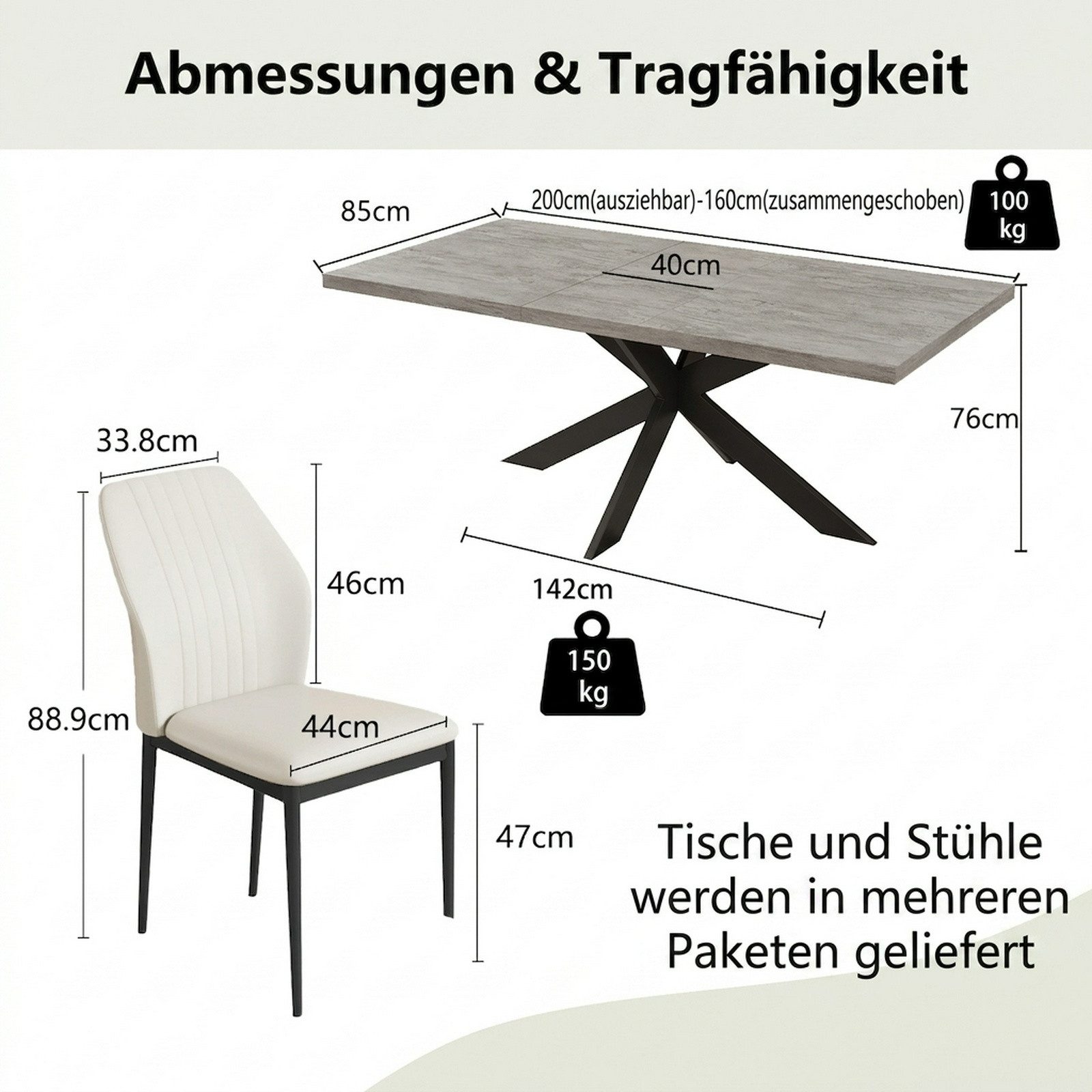Jiexi Essgruppe Tisch-und Stuhlset, Ausziehbarer Esstisch (160–200 cm) mit 6-8 Stühlen