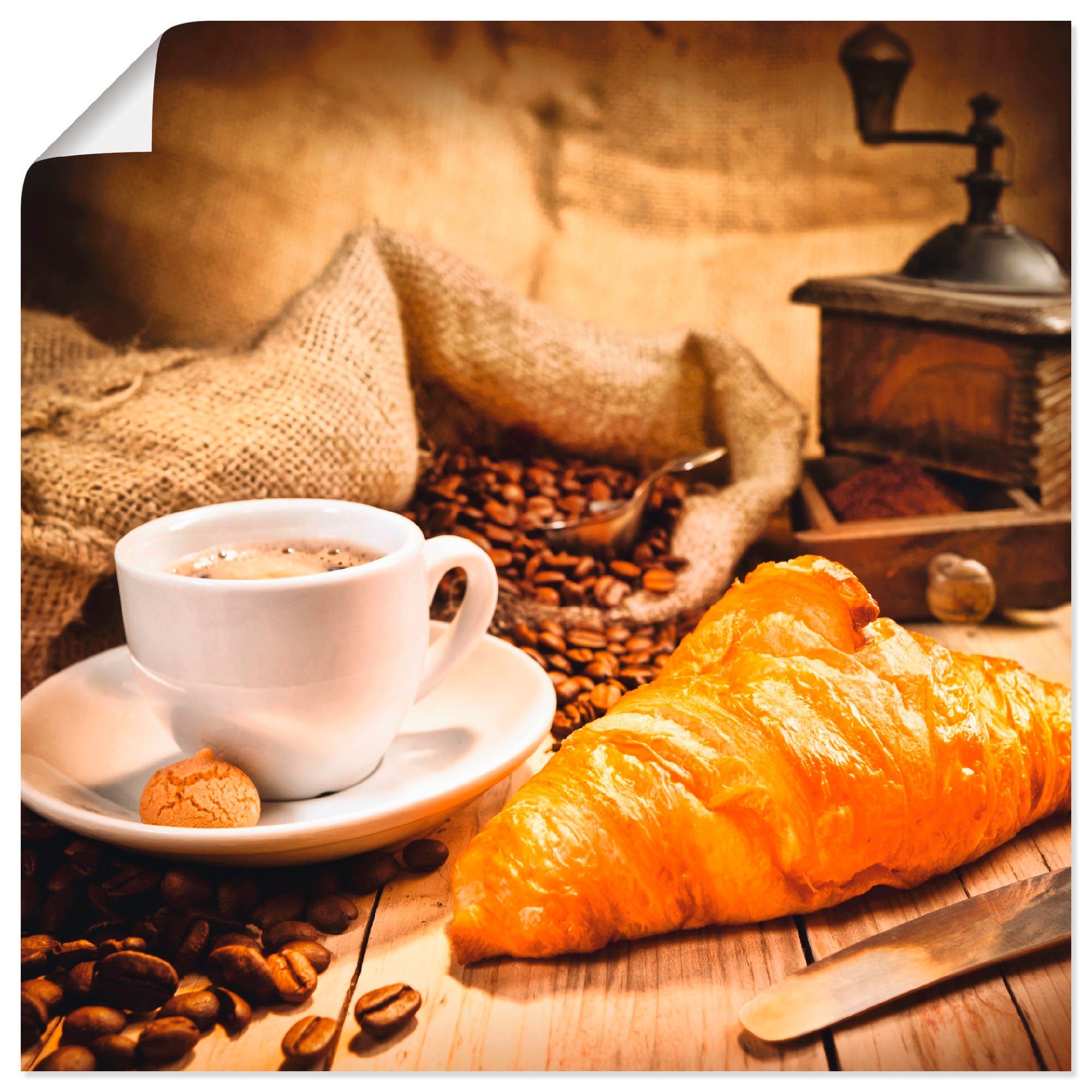 Wandaufkleber Artland Wandbild als versch. Getränke Poster Größen oder Croissant, Leinwandbild, in (1 St), mit Kaffeetasse