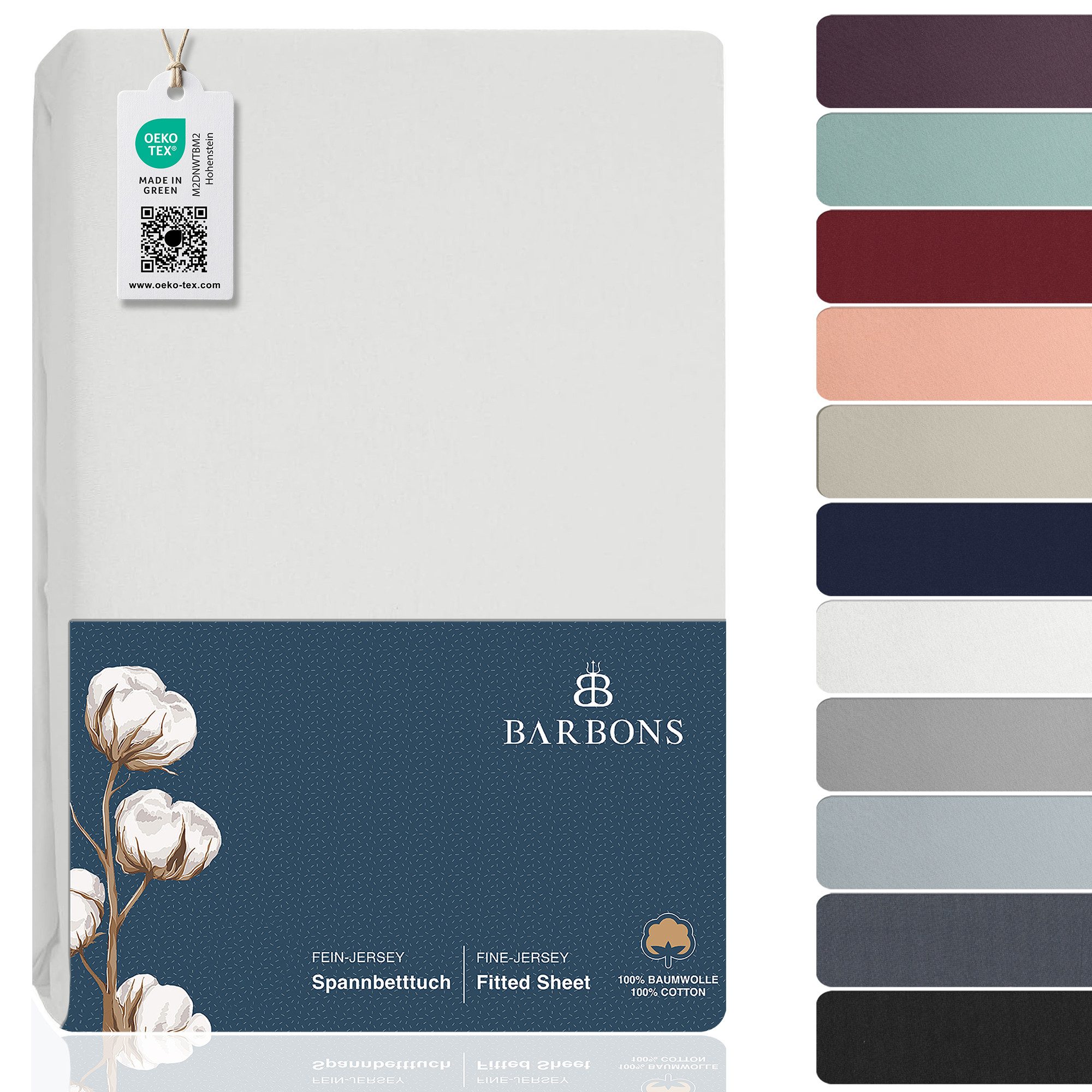 BARBONS Spannbettlaken Jersey Bettlaken, 145 g/m² Spannbetttuch, bis zu 25cm Höhe, Topper, Jersey aus 100% Baumwolle, Gummizug: rundum, (1 Stück), Rundumgummi, Atmungsaktiv