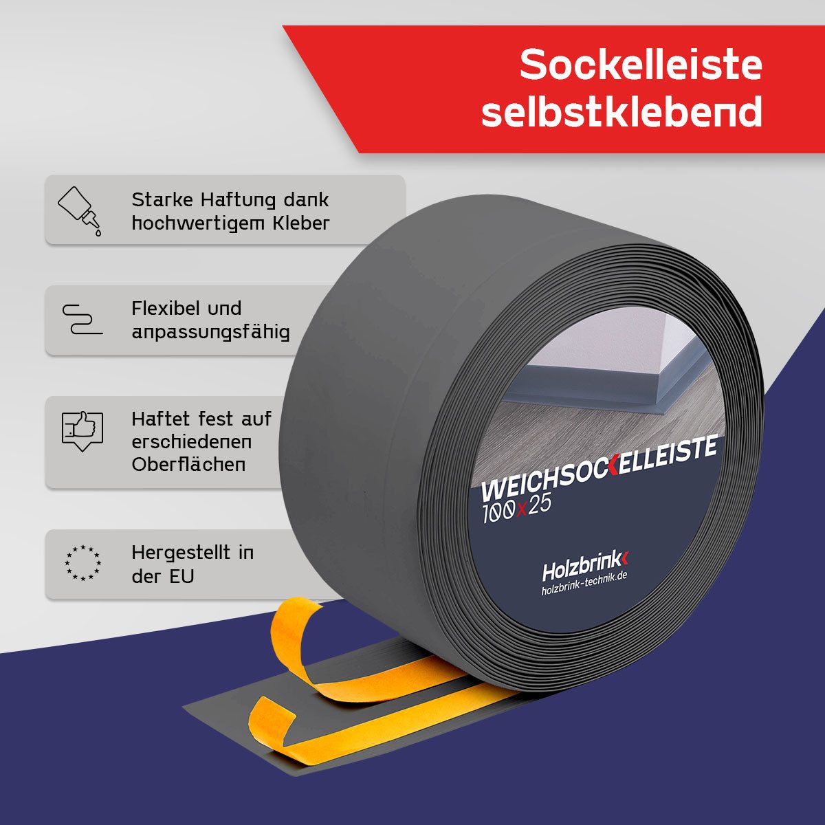 HOLZBRINK Sockelleiste PVC Weichsockelleiste selbstklebend 100x25mm Graphitgrau, L: 500 cm, 5m Rolle, Küchenabschlussleiste Arbeitsplatte, Fensterleiste, Fensterabdichtung