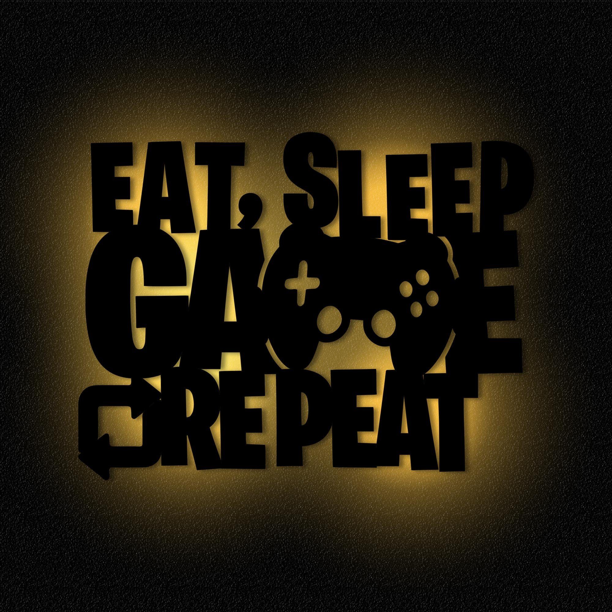 Namofactur LED MDF Warmweiß Nachtlicht integriert, Zimmer Holz, Wandlampe Repeat Eat I LED Gamer Game fest Deko Sleep