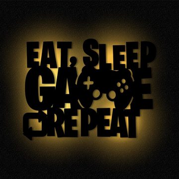 Namofactur LED Nachtlicht Gamer Wandlampe Deko Zimmer Eat Sleep Game Repeat I MDF Holz, LED fest integriert, Warmweiß