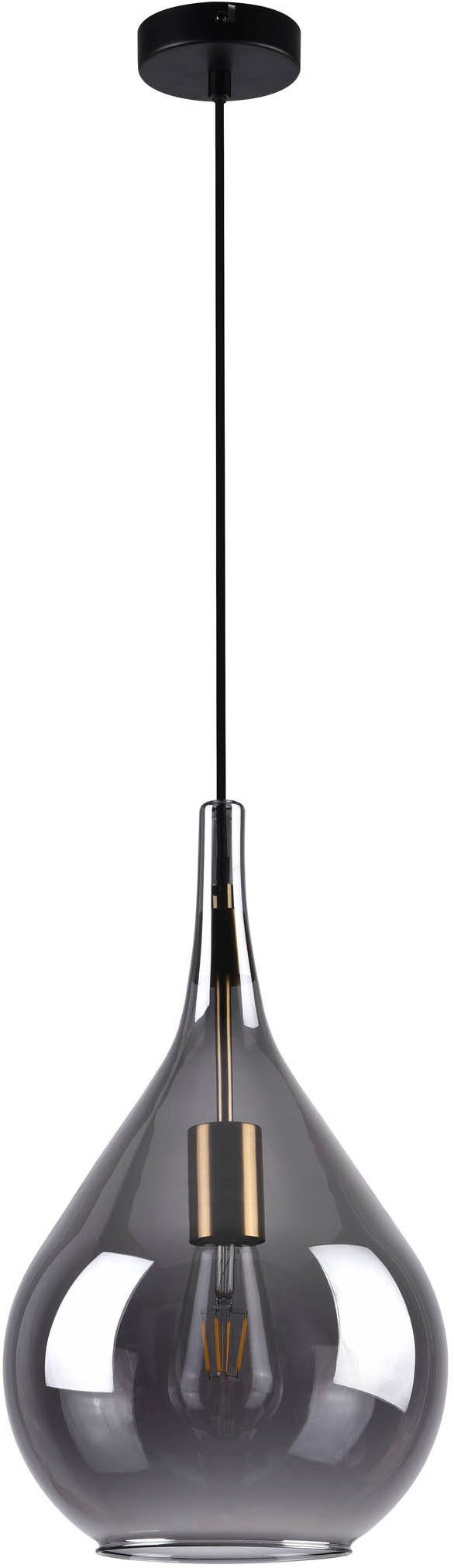 näve Pendelleuchte Gota, ohne Leuchtmittel, Rauchglas D: 25cm, exkl. 1x E27, H: 150cm, Baldachin und Kabel schwarz