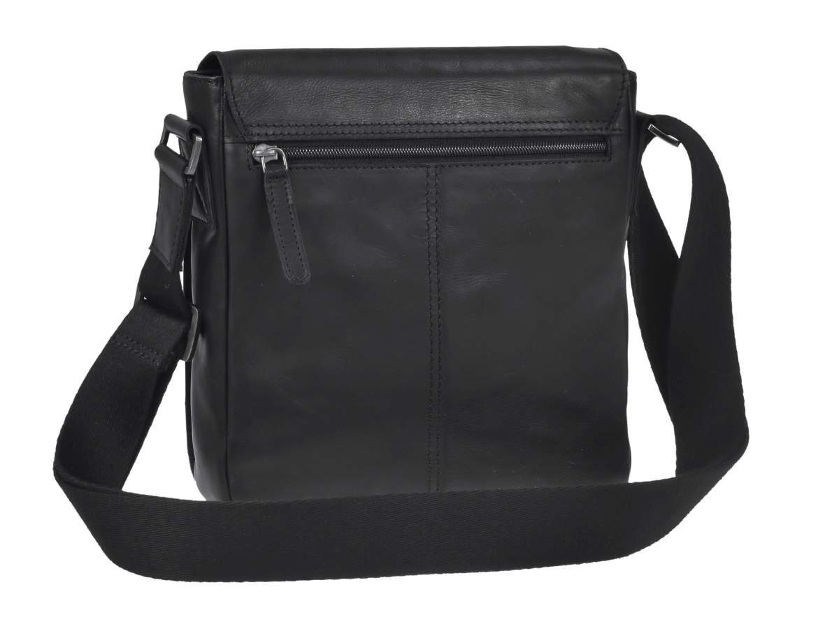 Greenburry Umhängetasche Pure Black, kleine Schultertasche 24x23cm, Reißverschlussfächer, Leder schwarz
