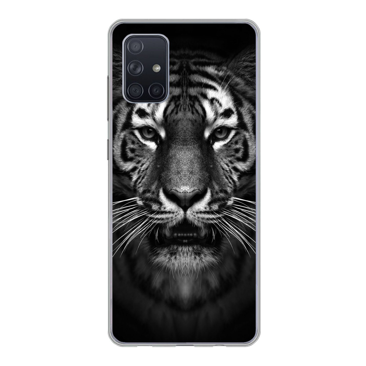 MuchoWow Handyhülle für Samsung Galaxy A51 Tiger - Tiere - Schwarz - Weiß - Porträt - Wild, Smartphone-Bumper, Print, Handy Schutzhülle Dünn