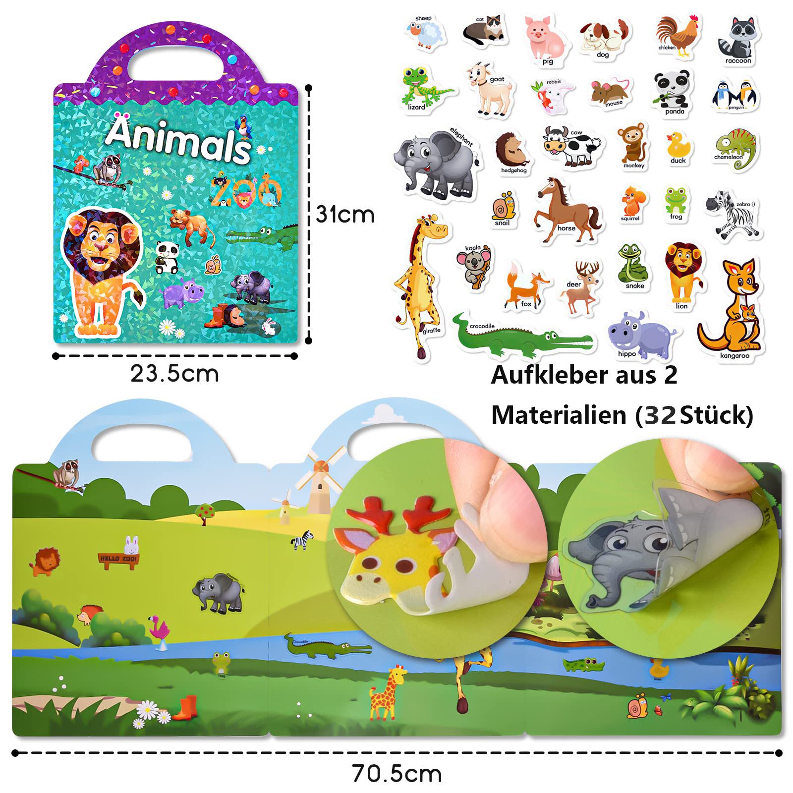 CLTYQ Stickerbuch 3D Sticker Szenen Buch für Kinder,32 Stück Tiere Jelly Sticker, Puffy Sticker Game Pädagogisches Sensorisches Lernspielzeug