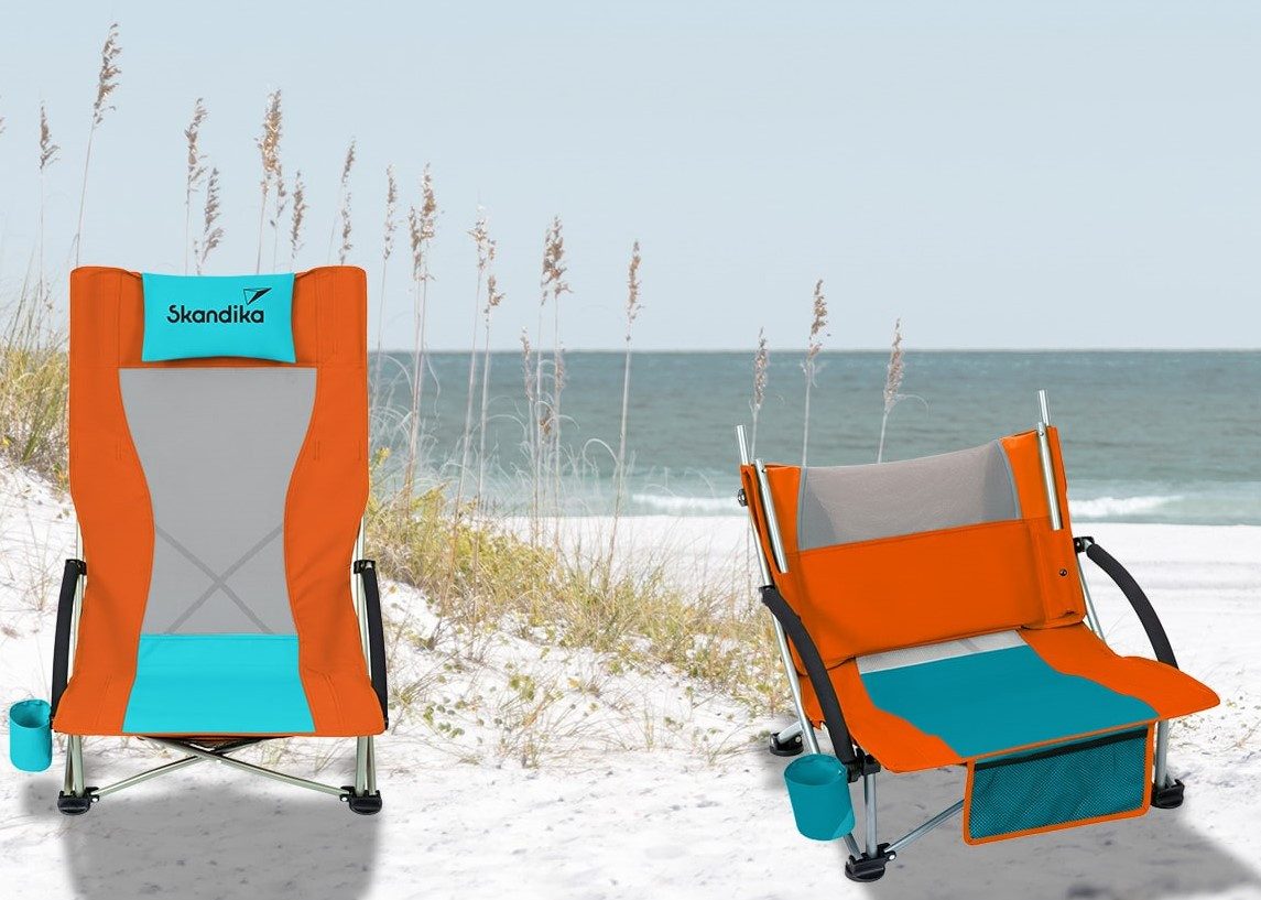 Skandika Campingstuhl Strandstuhl Beach, klappbar, faltbar, leicht, Klappstuhl, Liegestuhl, mit atmungsaktivem Mesh, Getränkehalter, Vordertasche, Kopfkissen