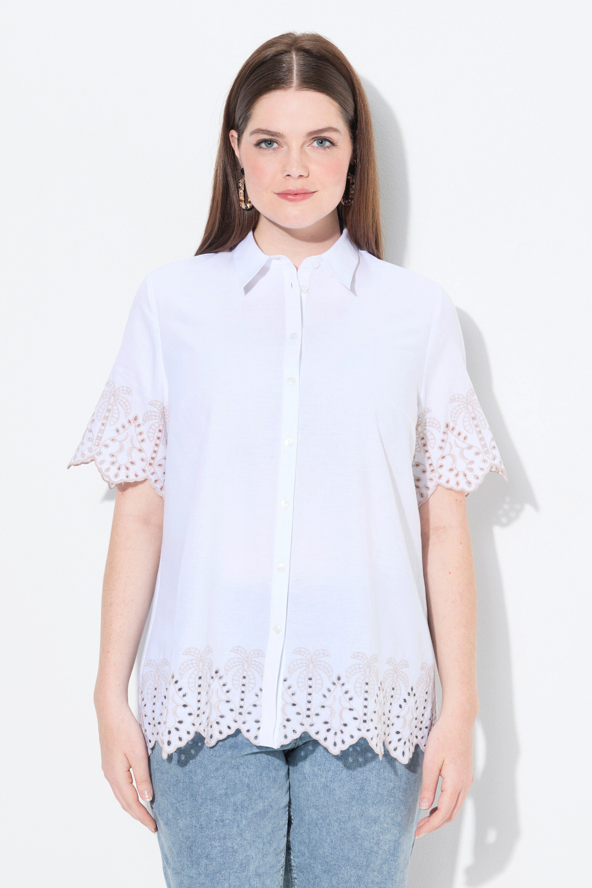 Ulla Popken Hemdbluse Shirtbluse Palmen Hemdkragen Halbarm Biobaumwolle