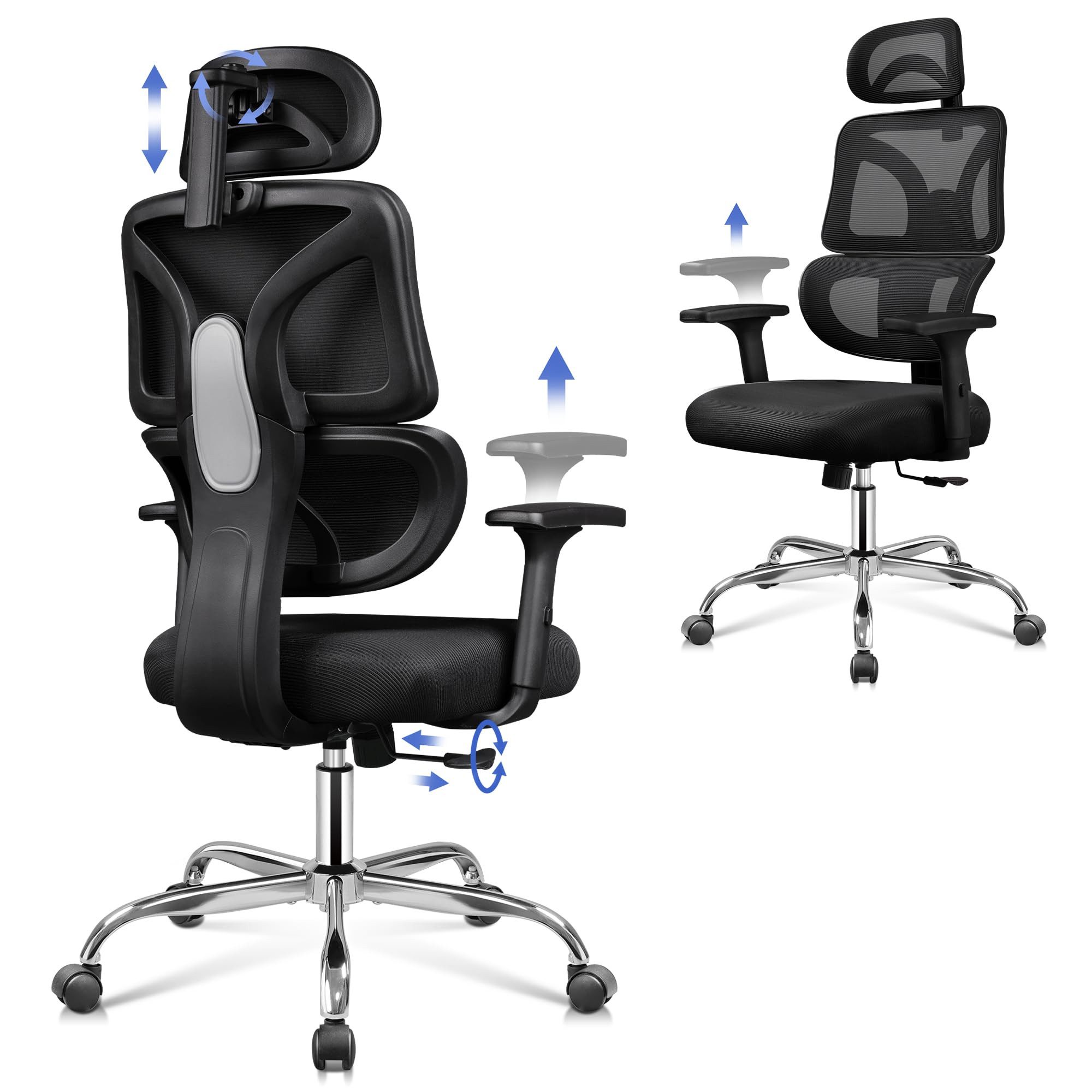 DEVAISE Bürostuhl Ergonomisch mit Verstellbare Lendenstütze, Hoher Rückenlehne, (Verstellbarer 3D-Kopfstütze, 5D-Armlehnen, Wippfunktion), Schreibtischstuhl für Büro und Homeoffice, Bis 180kg