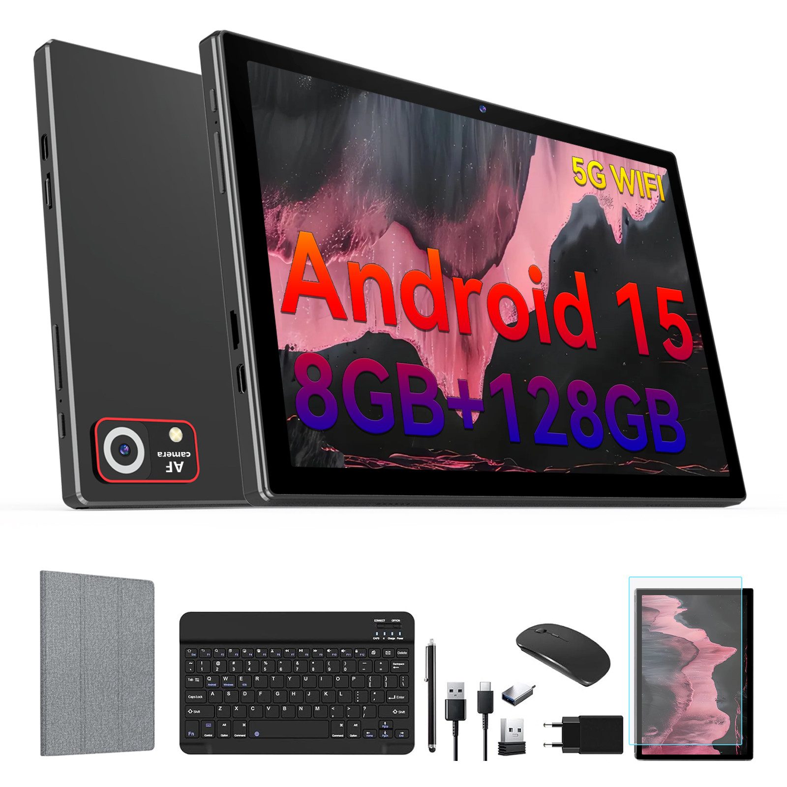 FEONAL 10 Zoll 8-in-1 Kit Android 15 Tablet PC mit Hülle Tastatur Maus Stift Tablet (10", 128 GB, Android 15, 4G LTE, Octa-Core 8GB RAM+128GB ROM 1TB TF Erweiterbar 1280x800 IPS)