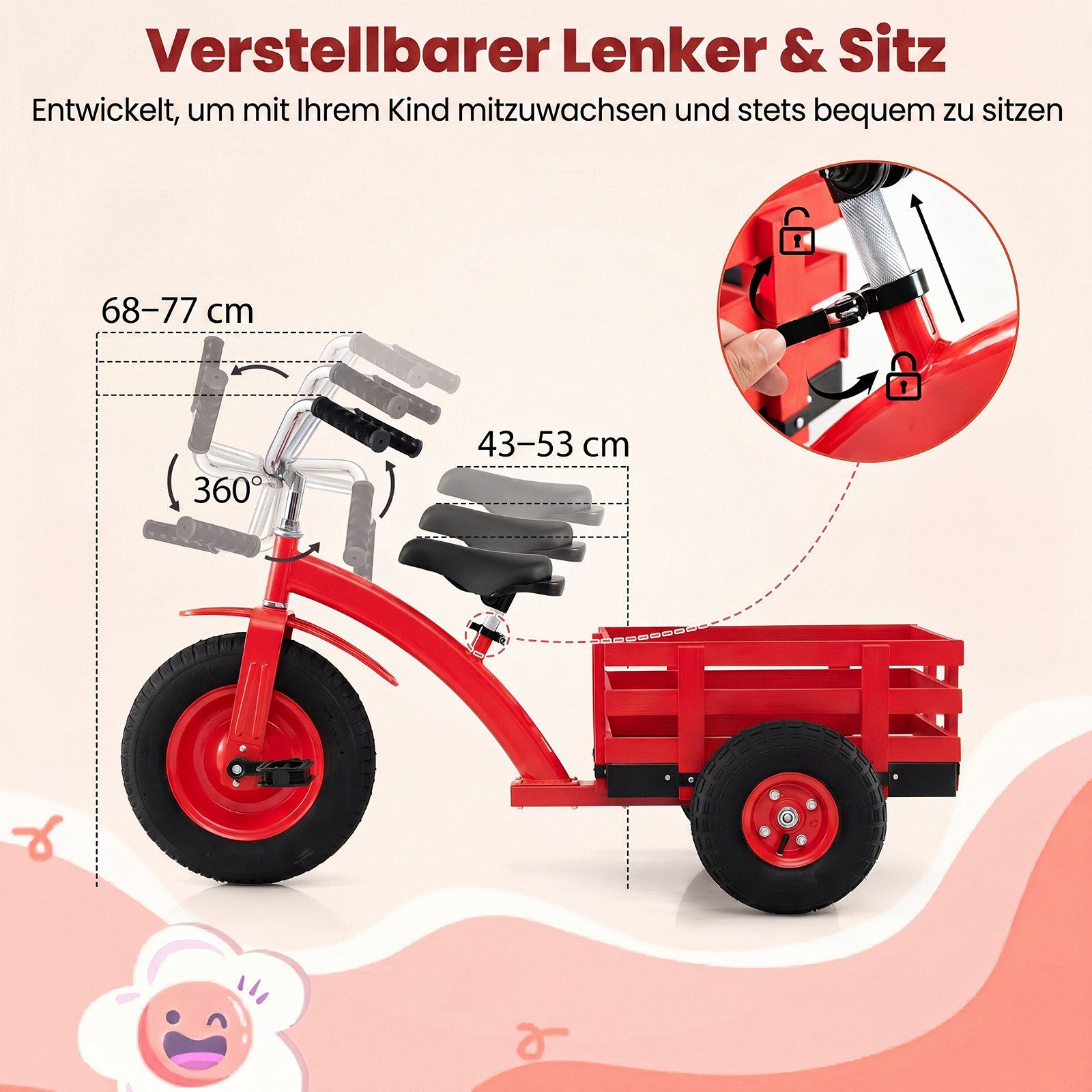 COSTWAY Dreirad, Kinderfahrrad mit verstellbarem Sitz, Lenker & Anhänger