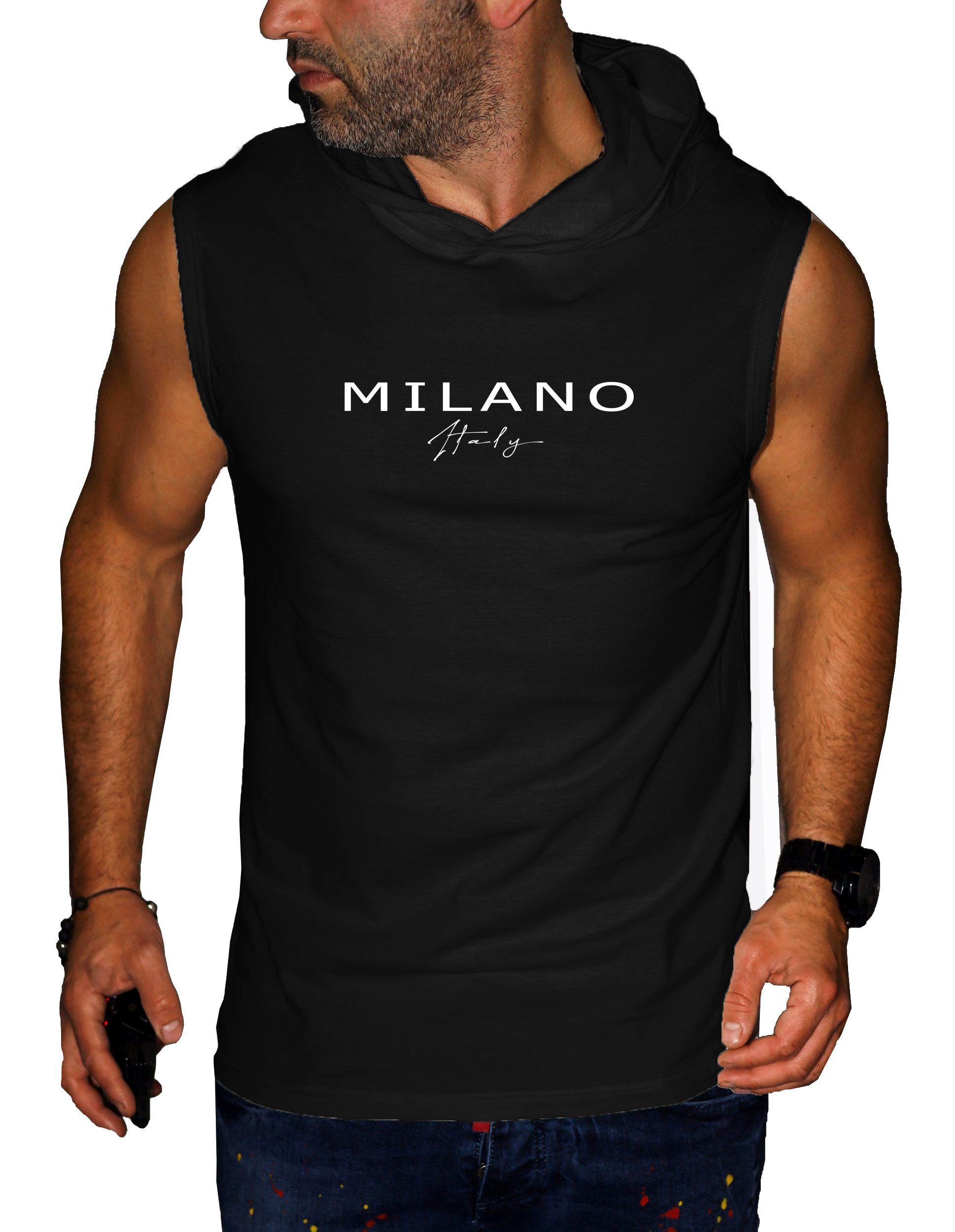 RMK Tanktop Ärmellos Shirt Herren Kapuze Gym Milano Milan aus 100% Baumwolle