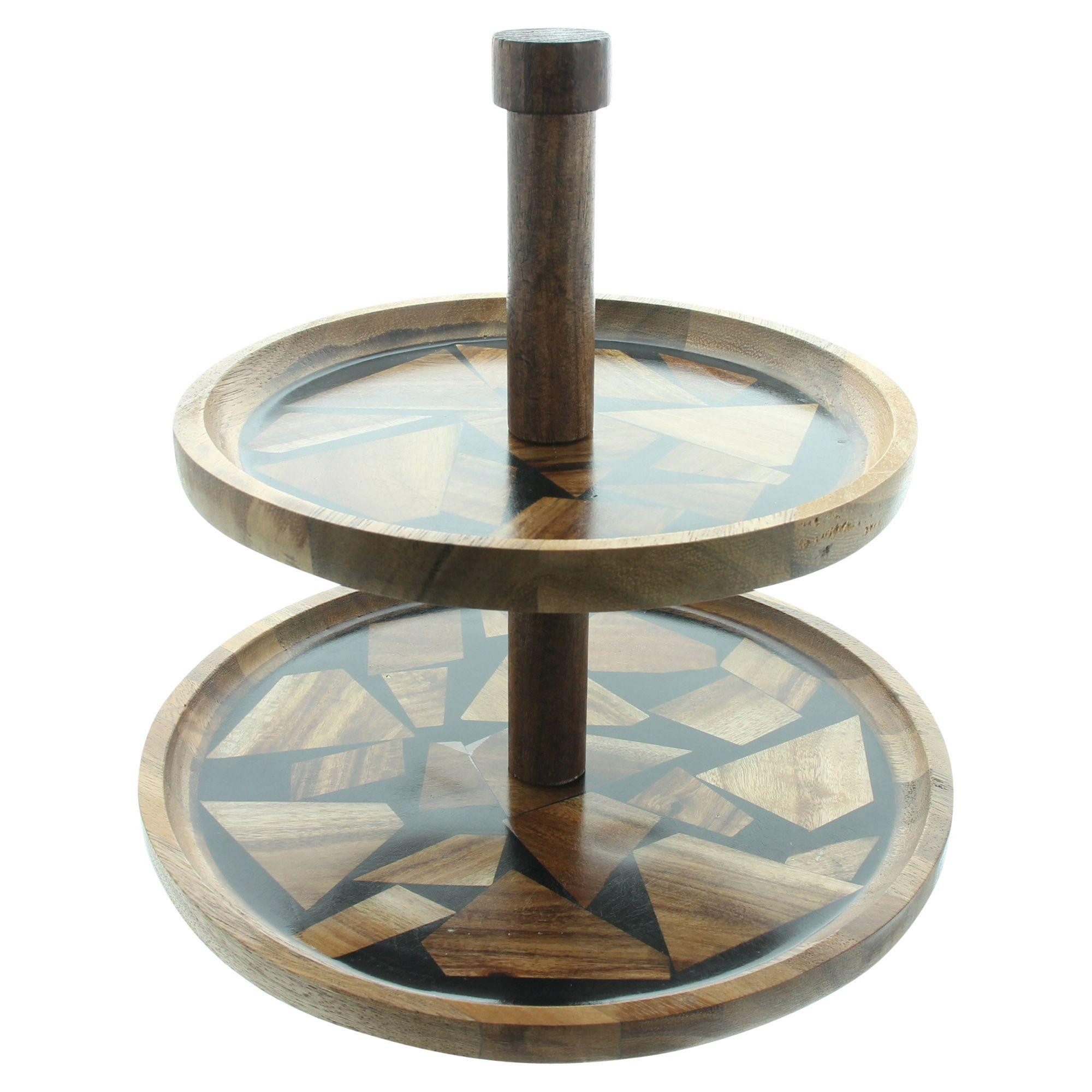 Dekoleidenschaft Etagere "Akazie" aus Holz & Epoxy, 2 Etagen, mit Griff, Servierplatte für Obst, Holz, & Gebäck, Cupcake Ständer