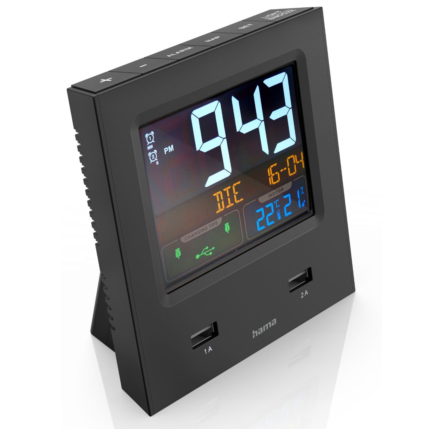 Hama Funkwecker Dual-USB Funkwecker DCF Funk Wecker Digital Funkuhr lautlos Dual Alarm Clock Datum Temperatur-Anzeige Ladegerät