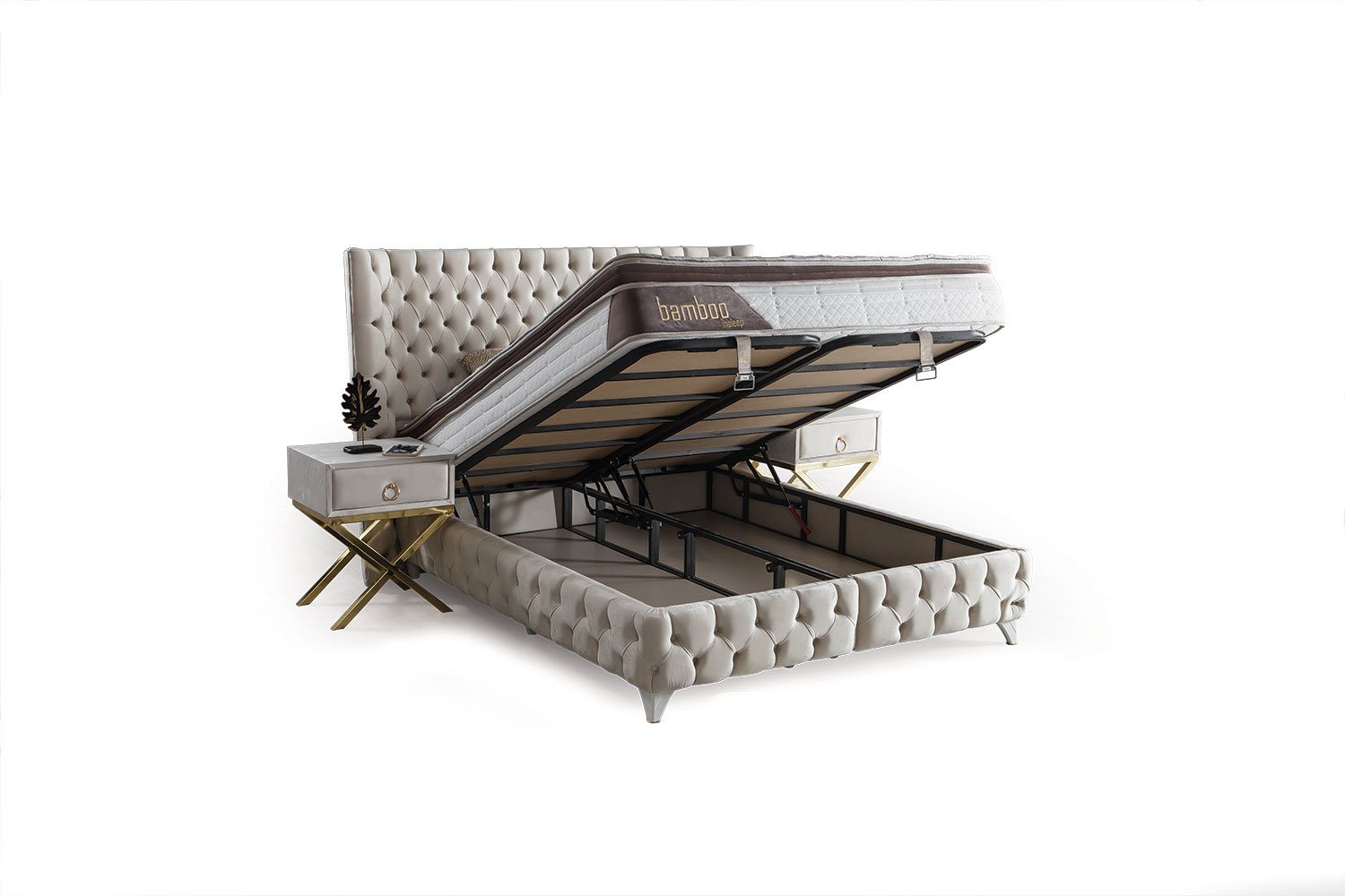 Villa Möbel Boxspringbett La More (Bett Set (mit Matratze), Liegefläche 90x200), Bettkasten mit XXL Stauraum und Gasdruckfedern für einfache Handhabung