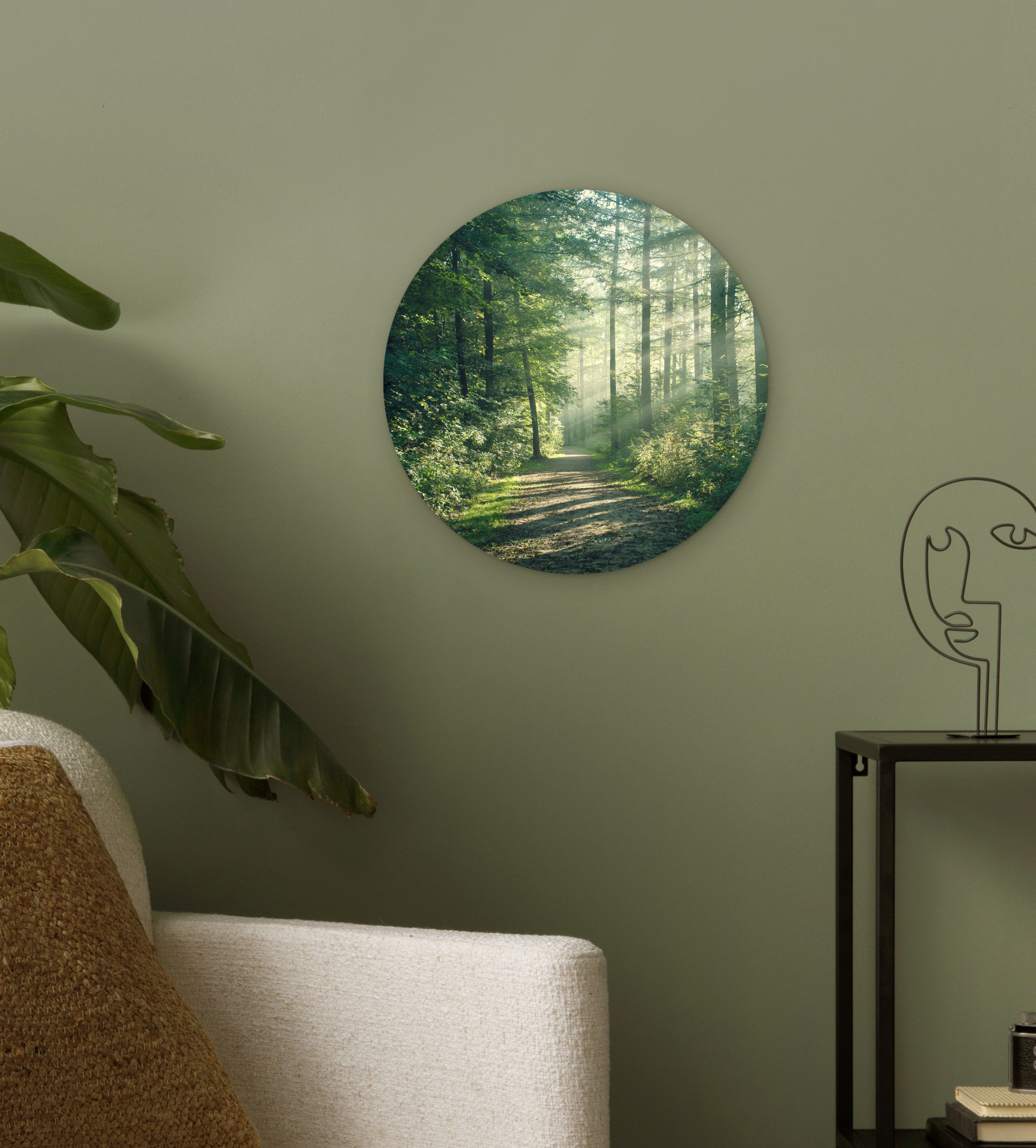 MuchoWow Gemälde Wald - Weg - Sonne - Bäume - Grün - Natur, Fotodruck (1 St), Kreis Wanddekoration, Rundes Wandbild, 30x30 cm