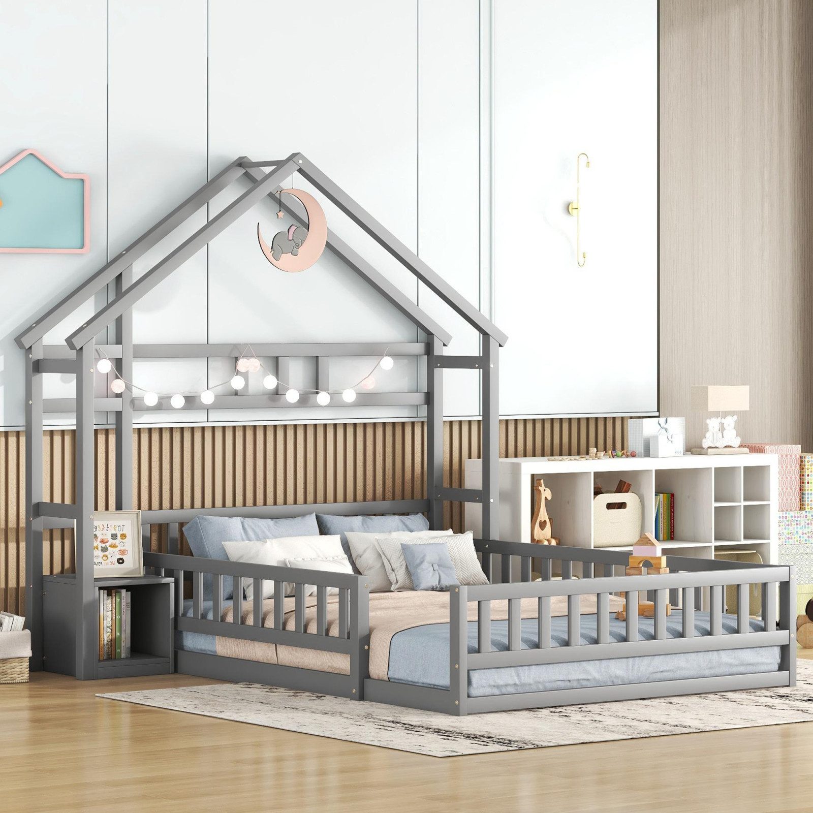 PXloue Hausbett Kinderbett Holzbett, Doppelbett,mit Geländer und Nachttisch günstig online kaufen