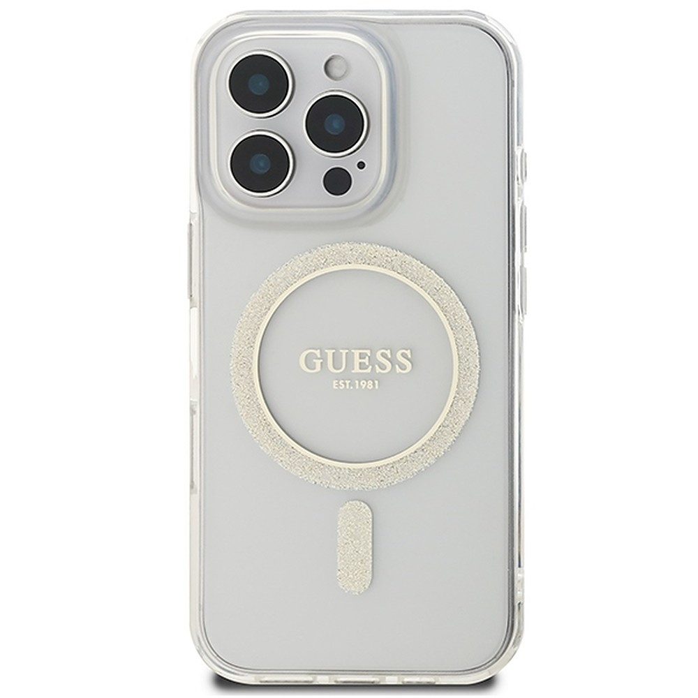 Guess Handyhülle Schutzhülle Magnethülle Glitzerhülle 6,9 Zoll, MagSafe, Glitzerring, Hardcase, transparent