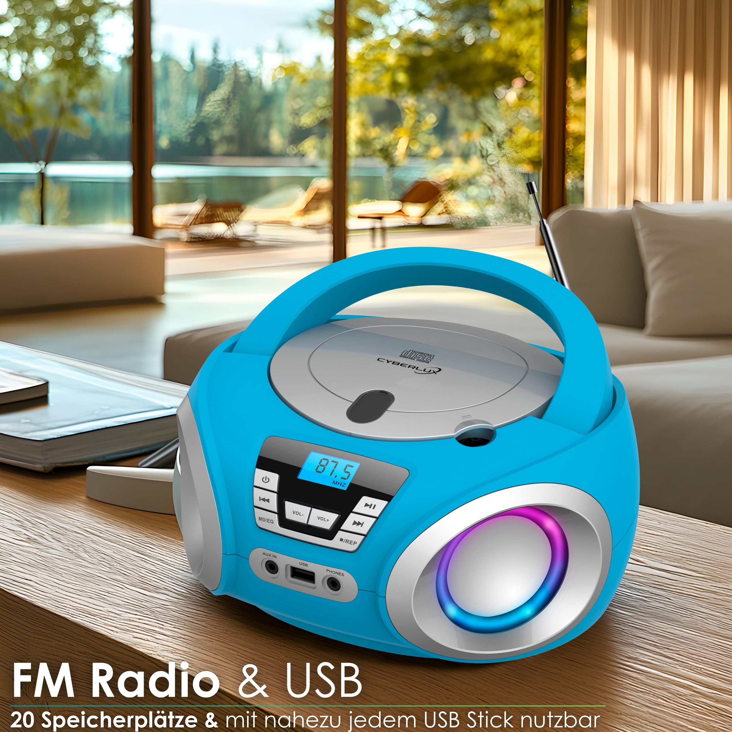 Cyberlux CL-900 tragbarer CD-Player (CD, Boombox,tragbar,LED-Disco-Beleuchtung,FM Radio mit MP3 USB)