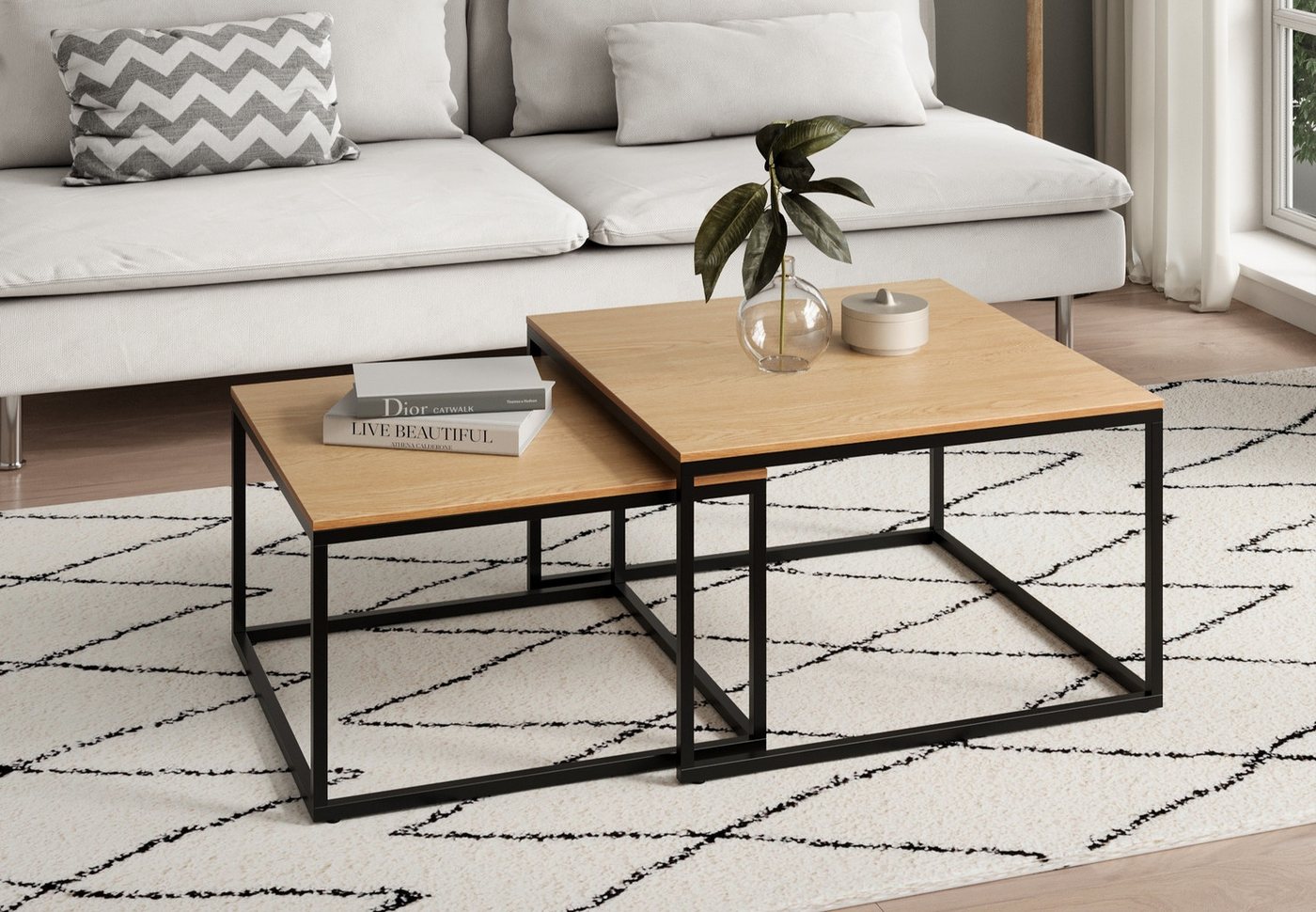 Home Collective Couchtisch 2er Set Beistelltisch Wohnzimmertisch modern rund und quadratisch (ideal als Büro Ablagetisch oder als Wohnzimmer Deko, Quadratisch Set 2 in 1), hochwertiges Design mit Metallgestell, stabile Tischplatte, eiche hell