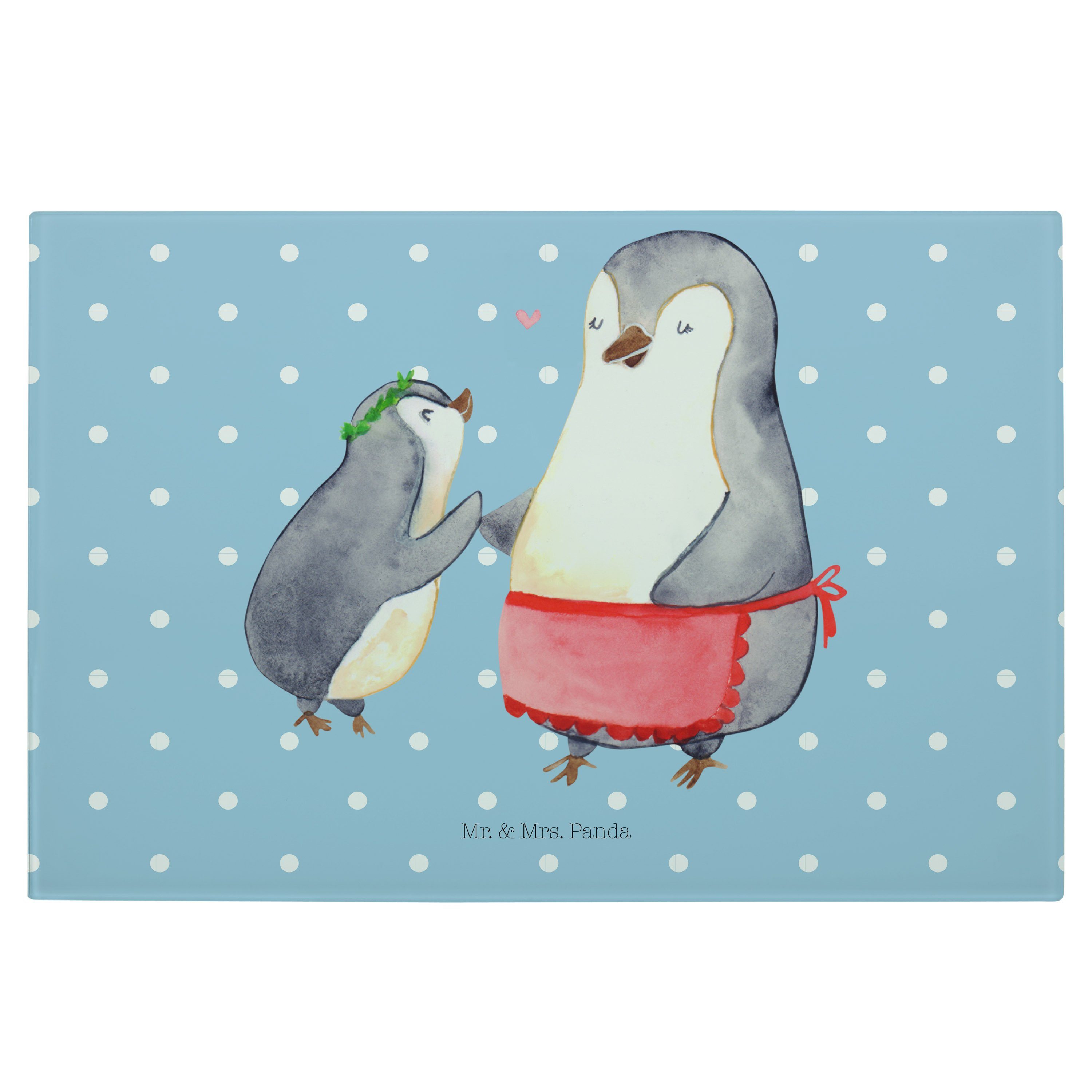 Mr. & Mrs. Panda Servierbrett Pinguin mit Kind - Blau Pastell - Geschenk, Glasschneidebrett, Mami, Premium Glas, (1-St)