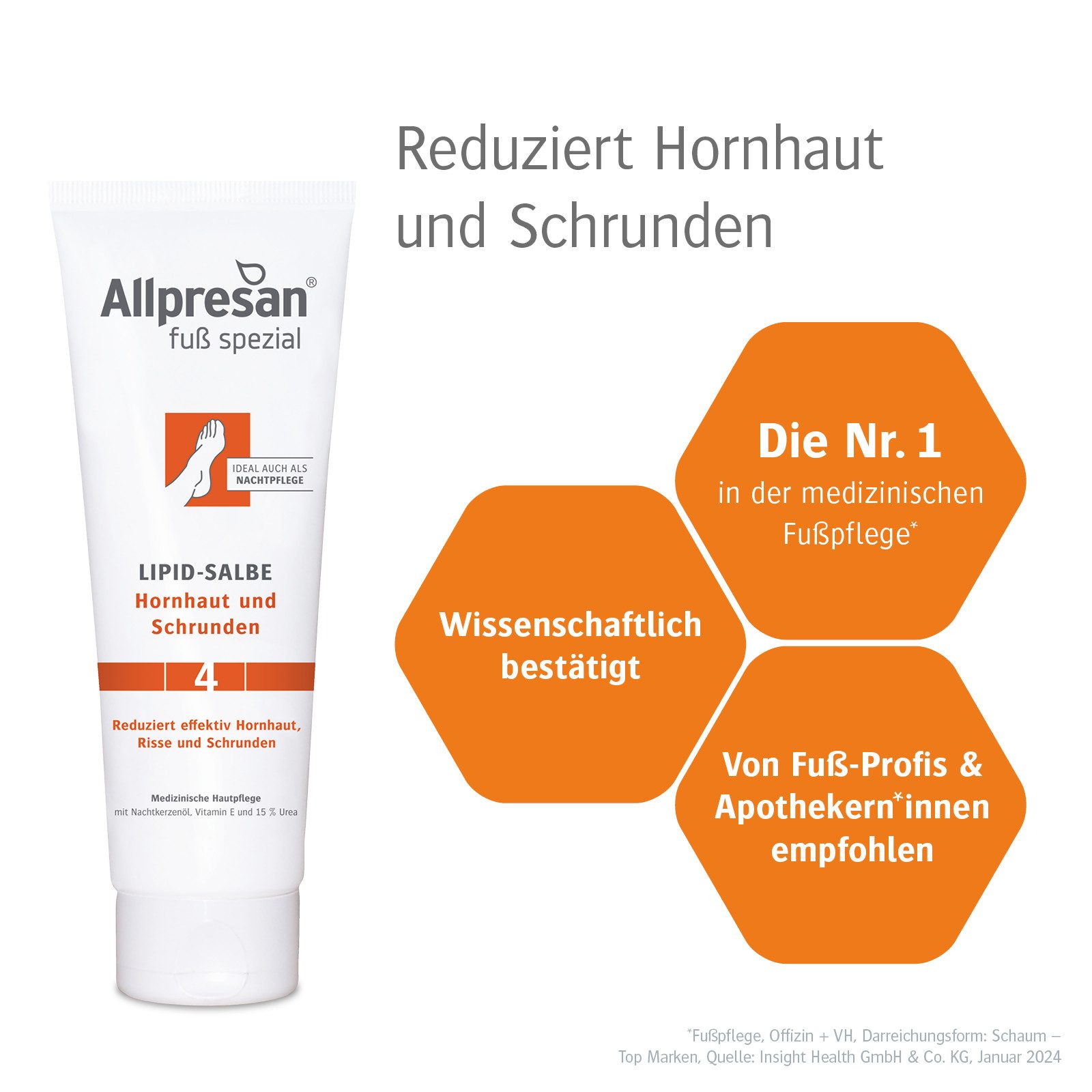 Allpresan Fußschaum Allpresan Fuß spezial Nr. 4 Hornhaut und Schrunden -Produkt wählbar- Ideal auch als intensive Nachtpflege, 1-tlg., Medizinische Hautpflege-Creme mit 15% Urea, Vitamin E & Nachtkerzenöl