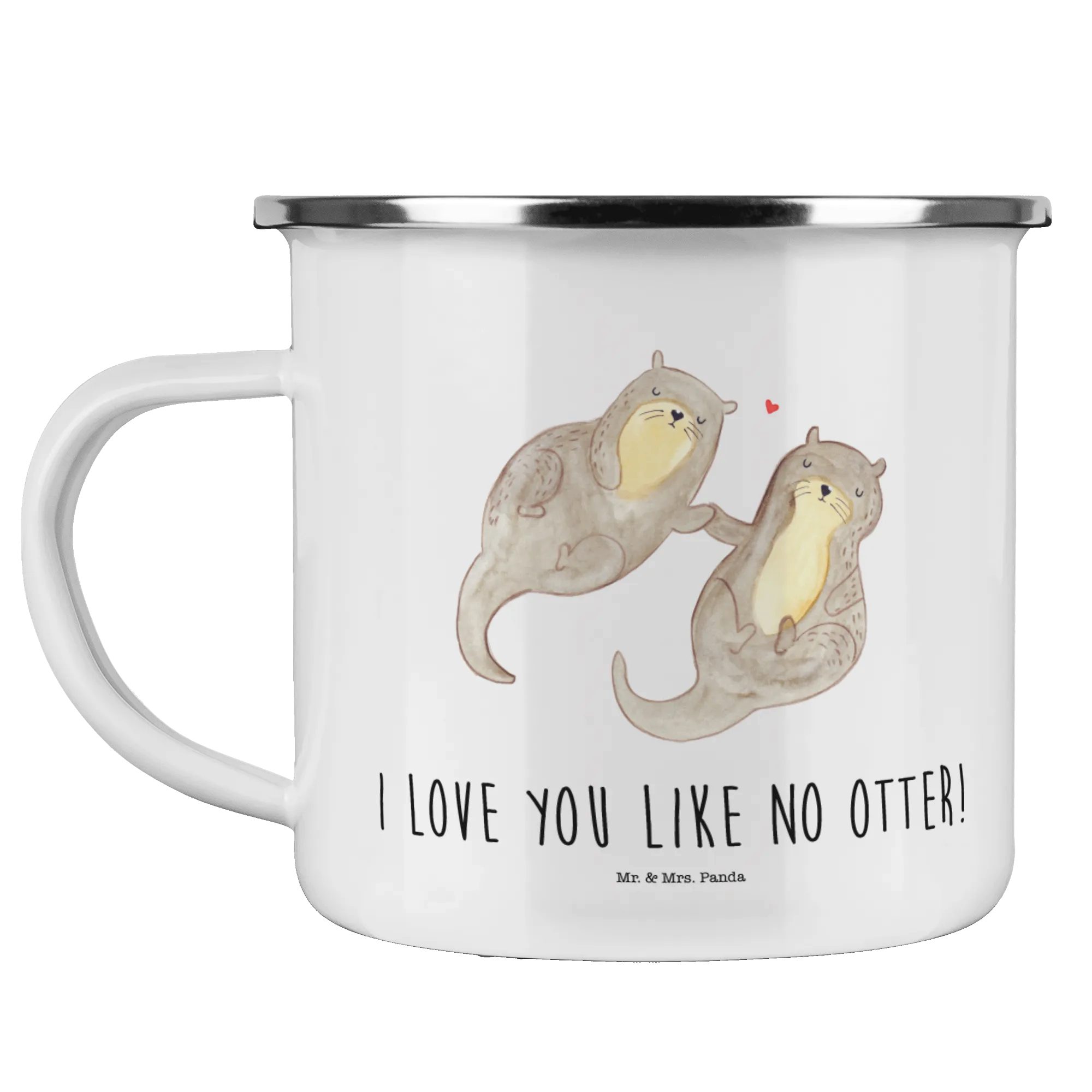 Mr. & Mrs. Panda Becher Otter Hände halten - Weiß - Geschenk, Camping Tassen Emaille, Metall, Emaille, Kratzfest