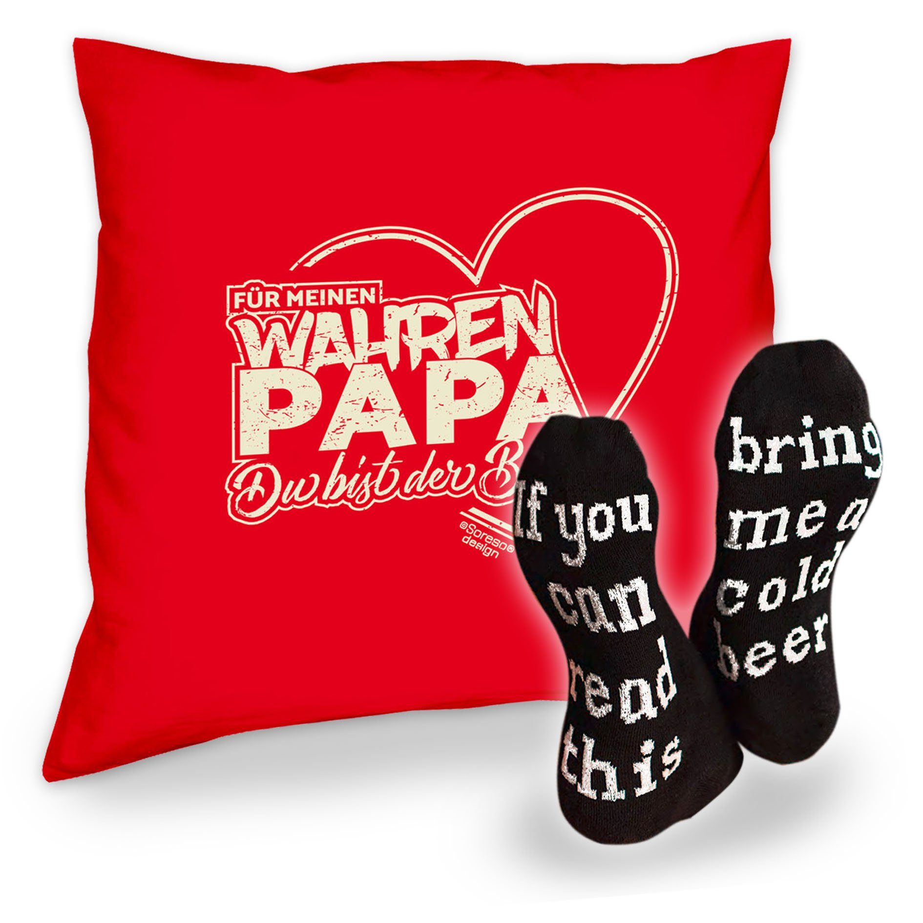 Soreso® Dekokissen Kissen Für meinen wahren Papa und Socken mit Bier Spruch, Geschenk Geburtstagsgeschenk rot