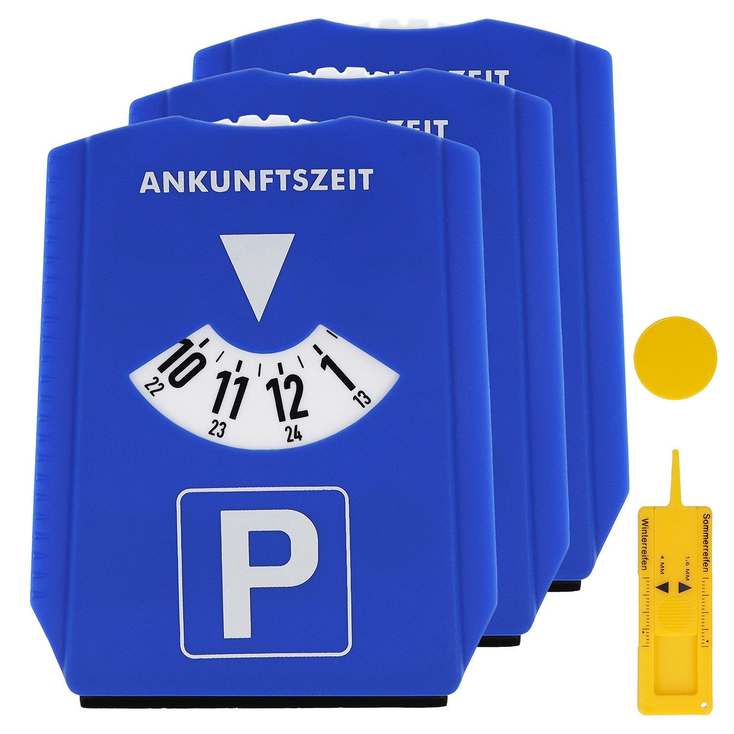 FIRST AID ONLY® Parkscheibe 5-in-1 Multitool, Auto Parkscheibe mit Eiskratzer und Extras (Multipack, 3-St), Einkaufswagenchip, Reifenprofilmesser & Scheibenabzieher