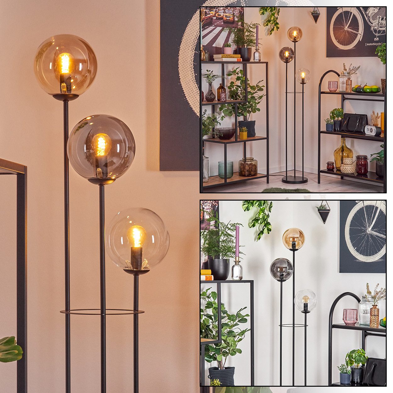 hofstein Stehlampe Stehlampe aus Metall/Glas in Schwarz/Bernstein/Rauch/Klar, ohne Leuchtmittel, im Retro/Vintage-Design (15 cm), Fußschalter, 150 cm, E14