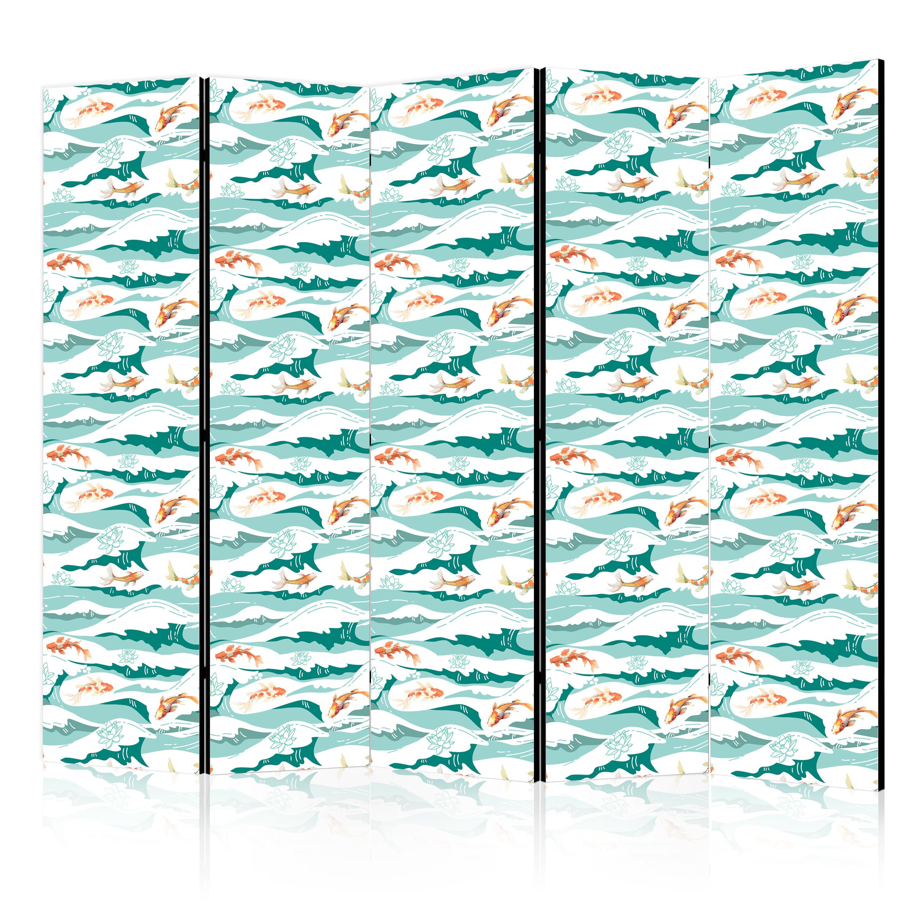 Muralo Paravent 5-teilig Raumteiler klappbar Koi Fische und Meereswellen (Packung, 1 St., 225x172 cm), 3 Varianten, Für das Wohnzimmer, das Schlafzimmer