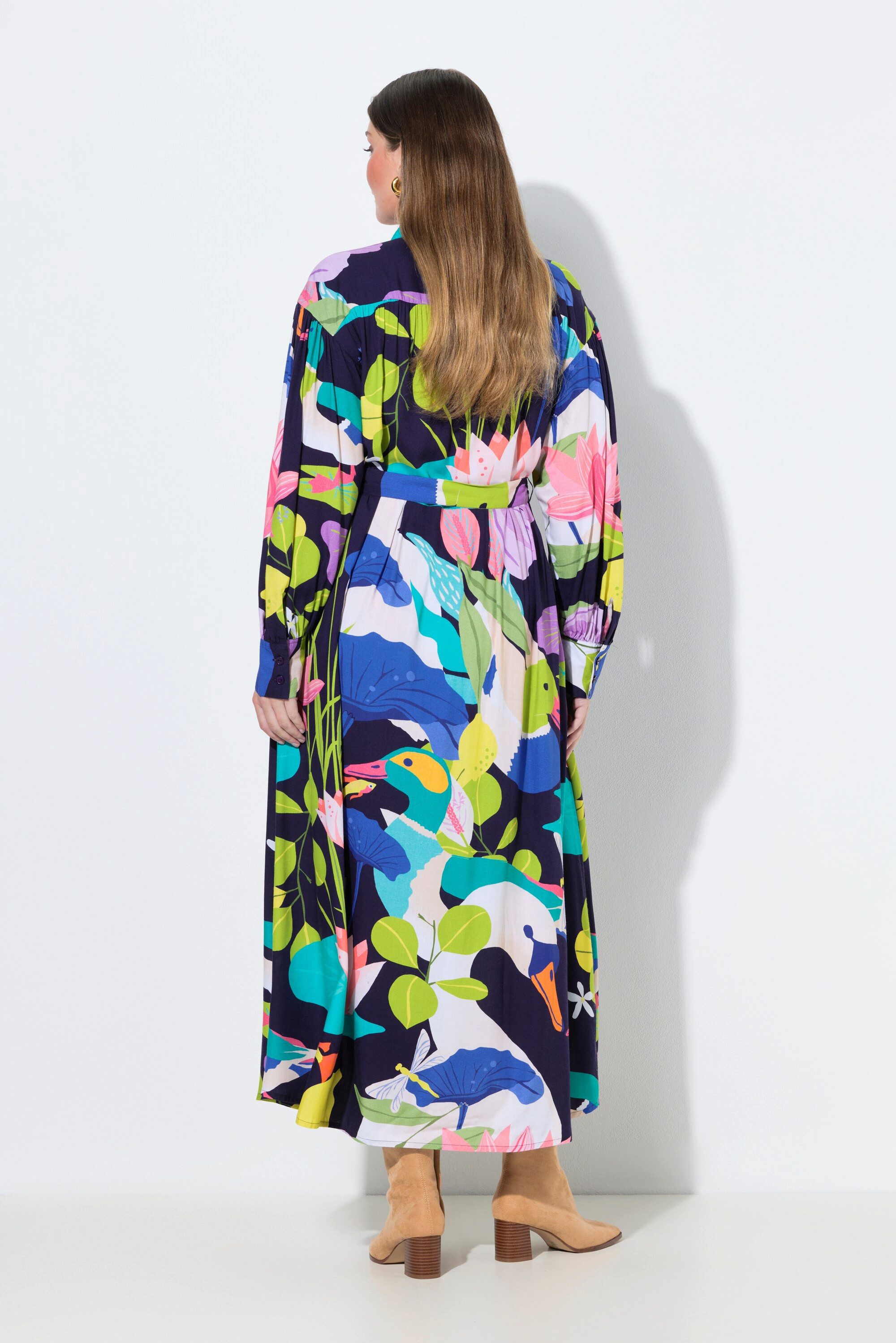 Ulla Popken Maxikleid Maxikleid Landhausdruck Hemdkragen Ballon-Langarm