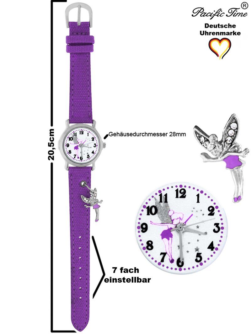 Quarzuhr violett Pacific Gratis Versand Armbanduhr Stoffarmband, Kinder Time Elfenanhänger mit